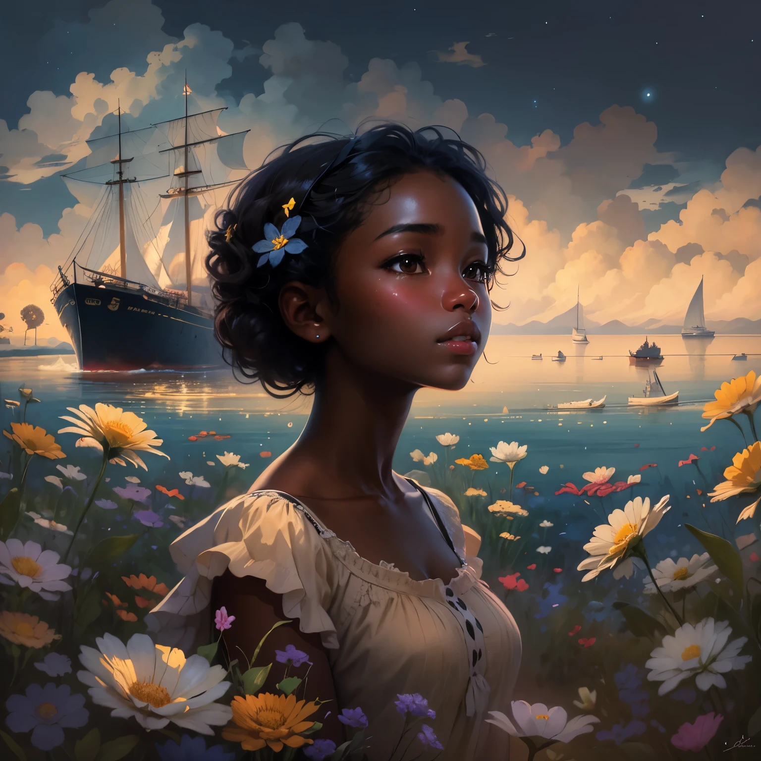 (masterpiece, best quality)There is a black girl ((dark skin)) detailed, standing in a flower field looking up at the sky, a girl standing in a flower field, a girl walking in a flower field, lost in a dreamy wonderland, standing in a flower field, fantastic digital painting, the sky gradually clears, the starry sky gradually recedes, waiting for the ship to come in near an opulent seaside, near a seaside harbor art by Laura Diehl Yaoyao Ma Van As