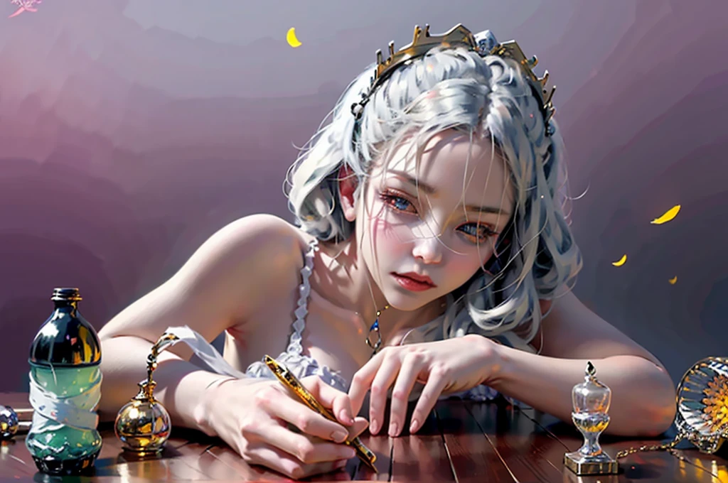 ((masterpiece)), highly detailed, best quality, 8k, (soft light), cinematic light, beautiful detailed eyes,
1girl, white hair, long hair, next to a bottle of perfume, elegant, cozy, clean detailed anime art, trending on artstartion, iridescent, opalescent, cream dripping on face, warmly lit, soap, (pink and white theme),