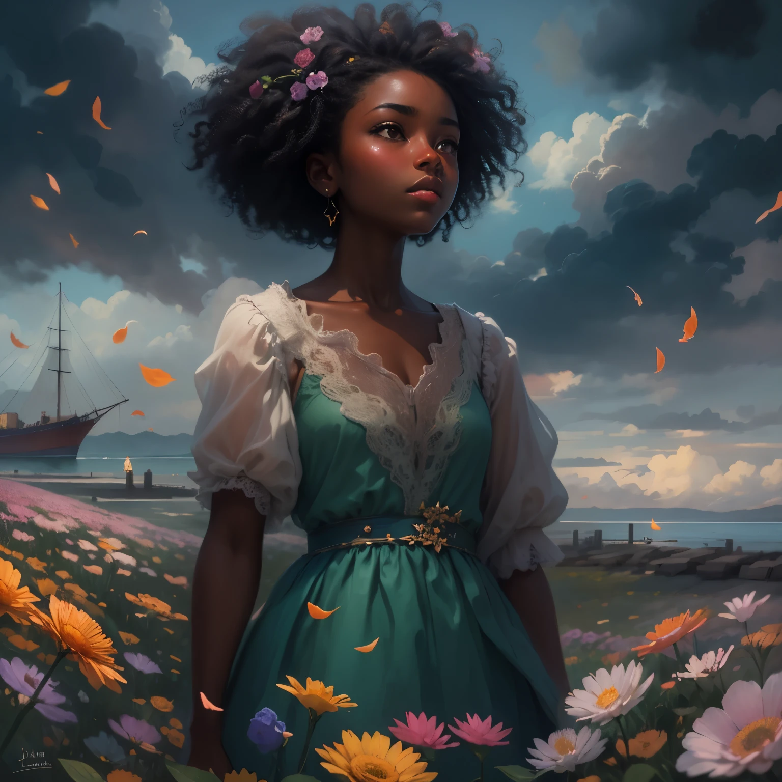 (masterpiece, best quality)There is a black girl ((dark skin)) detailed, standing in a flower field looking up at the sky, a girl standing in a flower field, a girl walking in a flower field, lost in a dreamy wonderland, standing in a flower field, fantastic digital painting, the sky gradually clears, the starry sky gradually recedes, waiting for the ship to come in near an opulent seaside, near a seaside harbor art by Laura Diehl Yaoyao Ma Van As