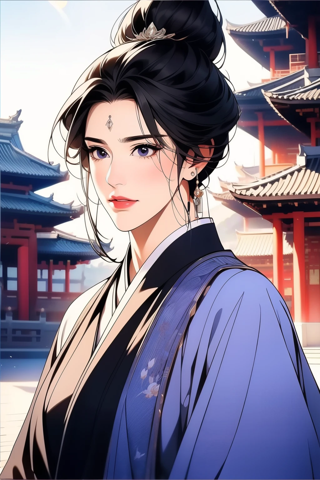 Best quality at best，tmasterpiece，16k,A 50-year-old woman，Women pay attention to beautiful purple Chinese style clothes，natta，rays of moonlight，Asian architecture，Elaborate Eyes，scowling，wrinkles，worry，Detailed faces，