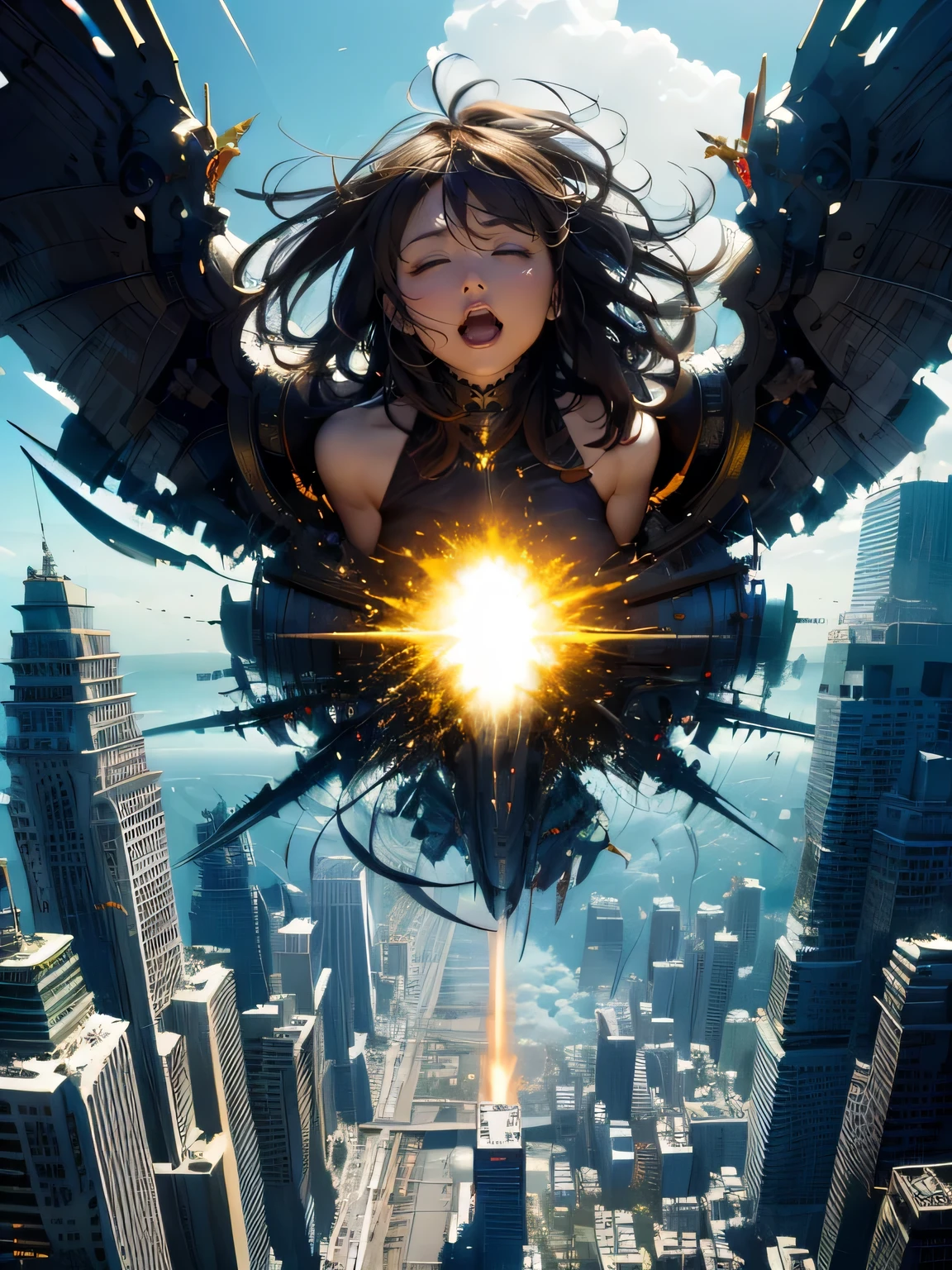 high-definition images, atmospheric perspective, 8k, super detail, accurate, best quality, looking away, angle from below, (((huge god's weapon destroying humanity has from female face to shoulder outline relief embedded and that face reaches an intense orgasm when the weapon fires a thick light blue beam directly below and destroys the ground)), drooping eyes, blush, ((sleepy)), open mouth, flying above the city,