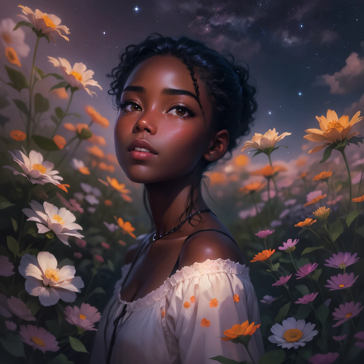 an awarded photo of a 1girl  black skin   Adut Akech 4d0t4k3ch afro black long hair, flower in the hair ,  folclor outfit ,slavic dress,  (small reasts:1.3), natural skin, in perfect willage landscape in the moon in future, artificial atmosphere, glass sphere,flowers, wheat on plains, wooden hauses, cows, and small river,  detailed skin, detailed face, ultradetailed, ultrasahrp, masterpiece, perfect quality, fullbody, natural lights, natural shadows, realistic shadows, ambient oclusion, boekh, realsitic, ultrarealsitic, photorealsitic, landscape with hight detailed character <lora:add_detail:1>  <lora:hipoly_3dcg_v7-epoch:0.5 360> photorealsitic <lora:LunarPunkAI:1>
