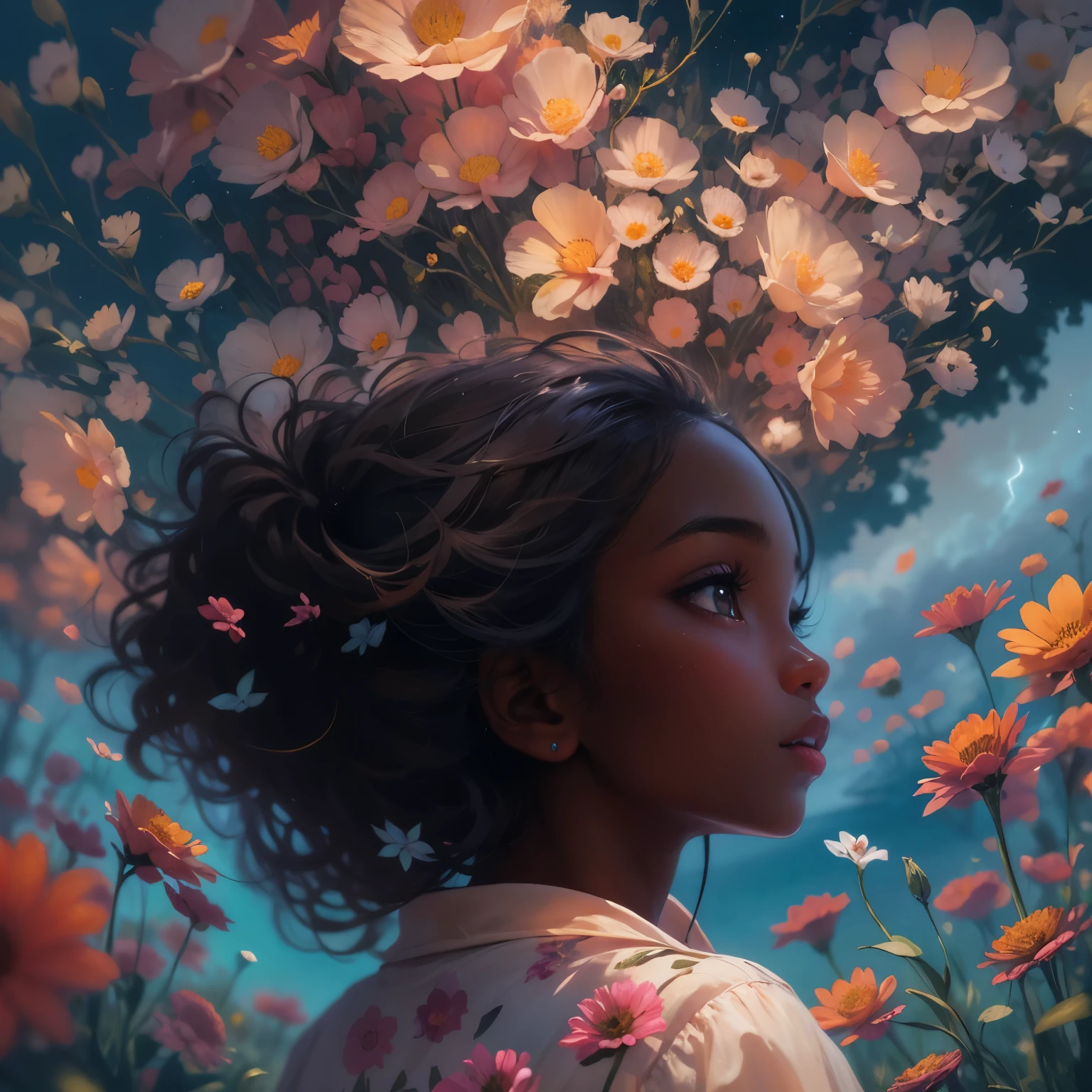 (masterpiece, best quality)There is a black girl ((dark skin)) detailed face, standing in a flower field looking up at the sky, a girl standing in a flower field, a girl walking in a flower field, lost in a dreamy wonderland, standing in a flower field, fantastic digital painting, the sky gradually clears, the starry sky gradually recedes, waiting for the ship to come in near an opulent seaside, near a seaside harbor art by Laura Diehl Yaoyao Ma Van As