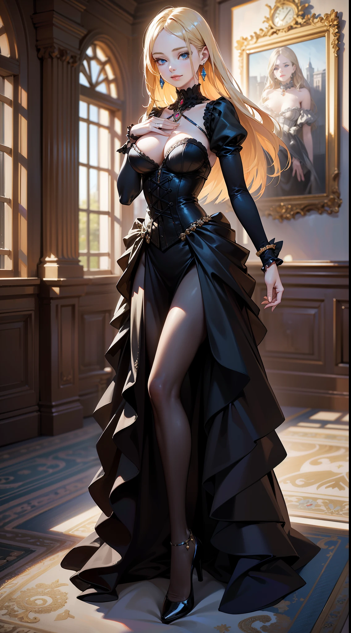 high quality fingers, normal hands, detailed fingers, masterpiece, (realistic, photo-realistic:1.37), (full body:1.5), High-end editorial-style photoshoot highlighting the beauty of a woman with blonde hair and bright blue eyes, dressed in a chic red and black corset, thin waist, seductive smile, large tits, perfect body, perfect face, (full body:1.5), set within the refined atmosphere of a Victorian ballroom. Stylish, elaborate jewelry made with expensive gems.