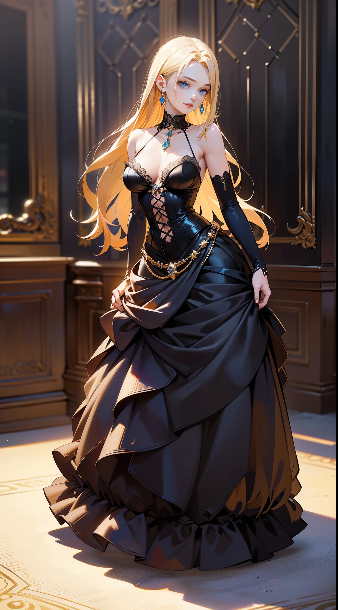 high quality fingers, normal hands, detailed fingers, masterpiece, (realistic, photo-realistic:1.37), (full body:1.5), High-end editorial-style photoshoot highlighting the beauty of a woman with blonde hair and bright blue eyes, dressed in a chic red and black corset, thin waist, seductive smile, large tits, perfect body, perfect face, (full body:1.5), set within the refined atmosphere of a Victorian ballroom. Stylish, elaborate jewelry made with expensive gems.