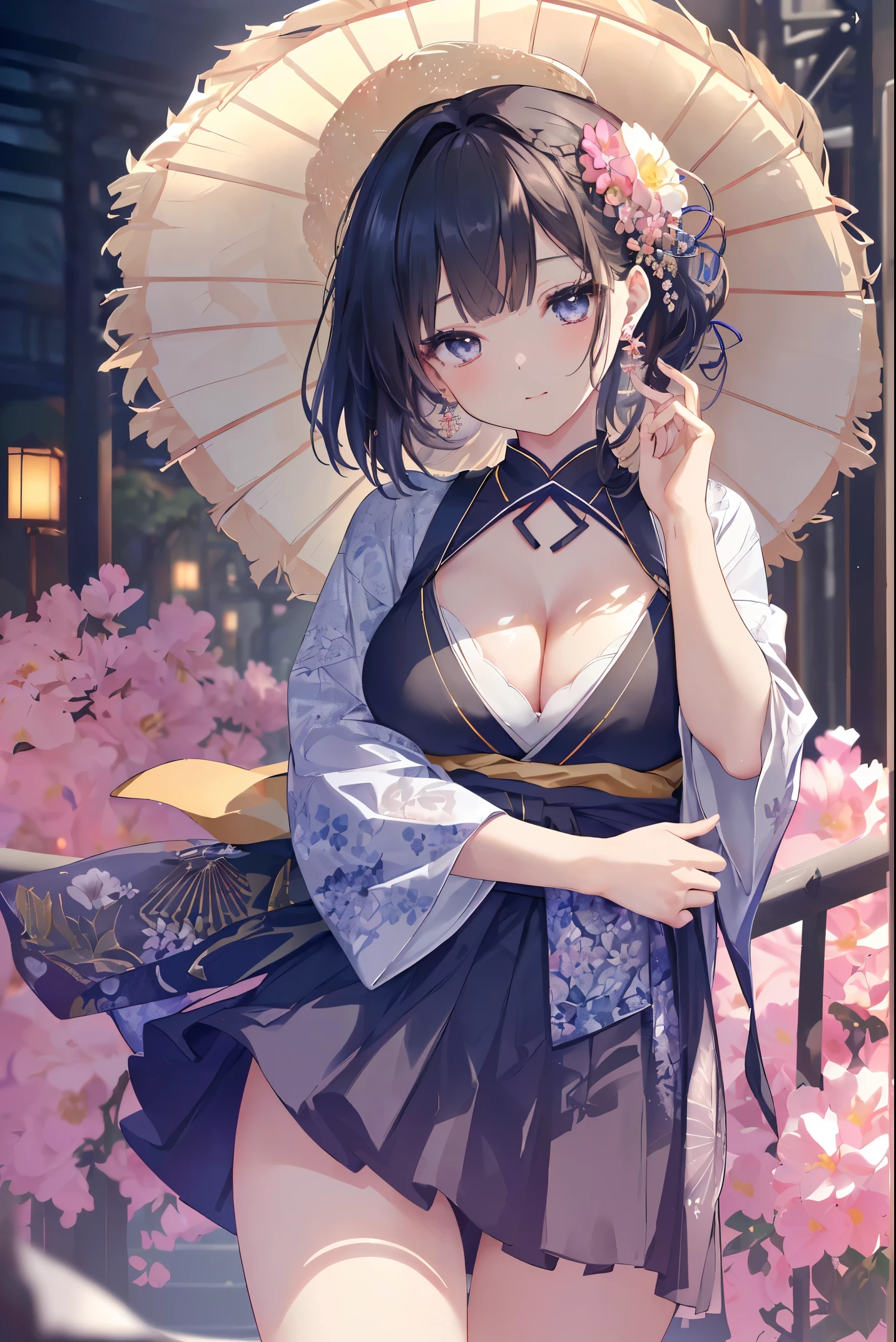 {((anime, Op art, depth of field, motion blur, glowing light, UHD, retina, masterpiece, ccurate, anatomically correct, textured skin, super detail, high details, high quality, award winning, best quality, highres, 16k))} . | {((female student japanese, noble lady hairstyle, beautiful detailed eyes, big breast, cleavage, joyful))} . | {((flower earrings, casual clothes, in town))} . | {((wide angles, upper body, (perfect_fingers:1.0), (perfect_legs:1.0), better_hands, More_Detail))}