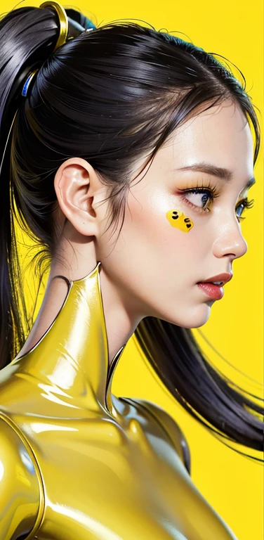 profile Photography, in front of a yellow wall, an asian cyborg woman head without body, connected by cables, twisted cables and wires and LED, atractive eyes body punk PLC Robots with silver motor head, with ray guns, 80 degree view, art by Sergio Lopez, Natalie Shau, James Jean and Salvador Dali, (yellow background:1.5)