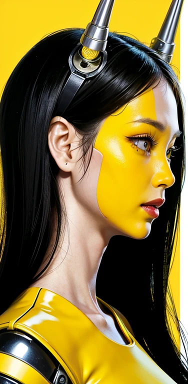 profile Photography, in front of a yellow wall, an asian cyborg woman head without body, connected by cables, twisted cables and wires and LED, atractive eyes body punk PLC Robots with silver motor head, with ray guns, 80 degree view, art by Sergio Lopez, Natalie Shau, James Jean and Salvador Dali, (yellow background:1.5)