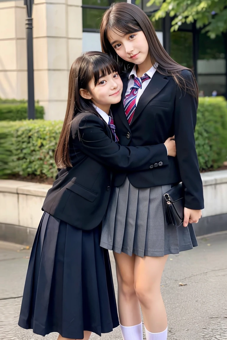 Two beautiful girls、Blazer School Uniform、A dark-haired、straight haired、(One has long hair、The other one has a short bob)、schools、early evening、ars、Long skirt below knee length、lowfers、one person hugs、Bring your face closer、tired expression、