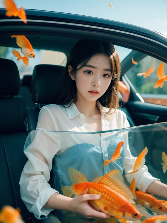 Girl in car full of goldfish and flowers, Goldfish Can Fly, the art of Hitoko Kawauchi, natural poses, dadcore for vacation, energy and pressure of youth, body extension, Golddfish simulation film in the sky, super detail, dreamlike high photography. A riot of colour. Covered with water and goldfish, interior scenes, shot on XT4 film --ar 3:4 --v 5.2 --iw 2,k hd,cinematric light,color curve,Odds rules