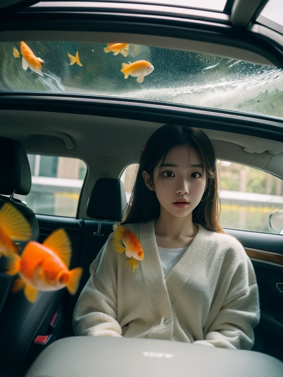 Girl in car full of goldfish and flowers, Goldfish Can Fly, the art of Hitoko Kawauchi, natural poses, dadcore for vacation, energy and pressure of youth, body extension, Golddfish simulation film in the sky, super detail, dreamlike high photography. A riot of colour. Covered with water and goldfish, interior scenes, shot on XT4 film --ar 3:4 --v 5.2 --iw 2，k hd，cinematric light，color curve，Odds rules