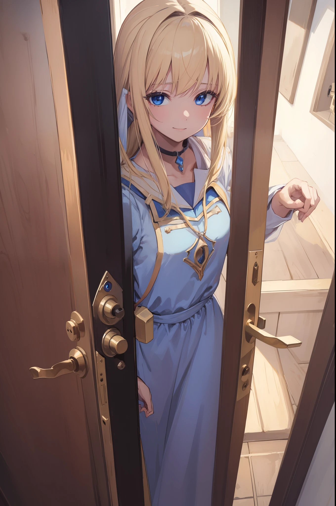 ((((collar:1,4)))),((((leash))))priestess, priestess, blonde hair, blue eyes, long hair, hair between eyes, (small breast:1.0), smile, (((((open door
doorway))))), BREAK indoors, church, BREAK (masterpiece:1.0), best quality, high resolution, unity 8k wallpaper, (illustration:0.8), (beautiful detailed eyes:1.0), extremely detailed face, perfect lighting, extremely detailed CG, (perfect hands, perfect anatomy),
