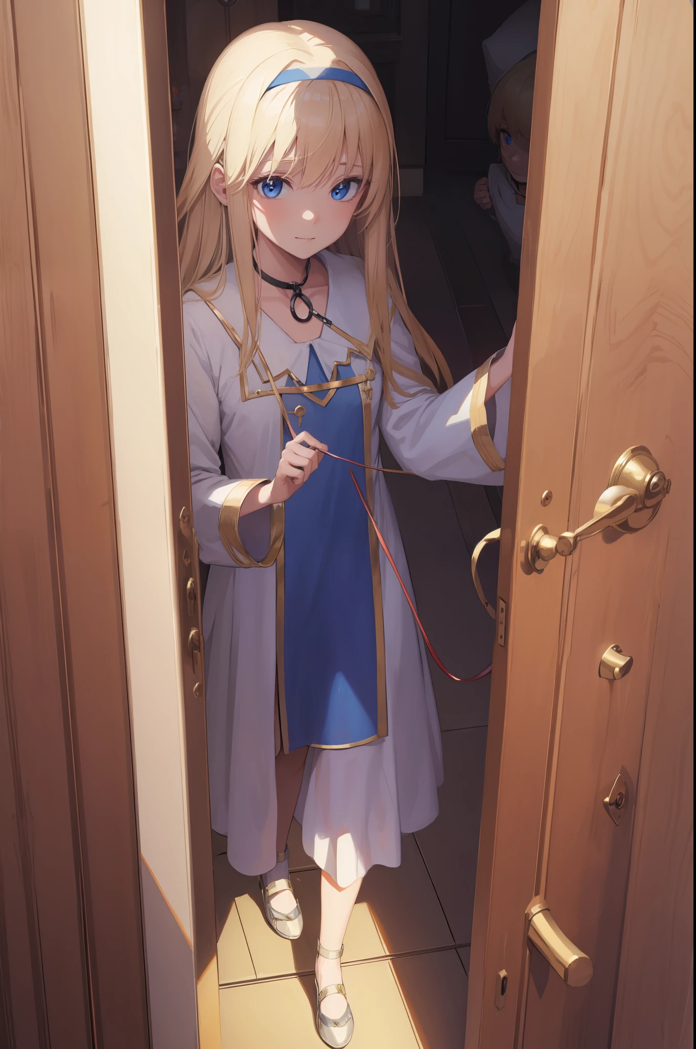 ((((collar:1,4)))),((((leash))))priestess, priestess, blonde hair, blue eyes, long hair, hair between eyes, (small breast:1.0), smile, (((((open door
doorway))))), BREAK indoors, church, BREAK (masterpiece:1.0), best quality, high resolution, unity 8k wallpaper, (illustration:0.8), (beautiful detailed eyes:1.0), extremely detailed face, perfect lighting, extremely detailed CG, (perfect hands, perfect anatomy),