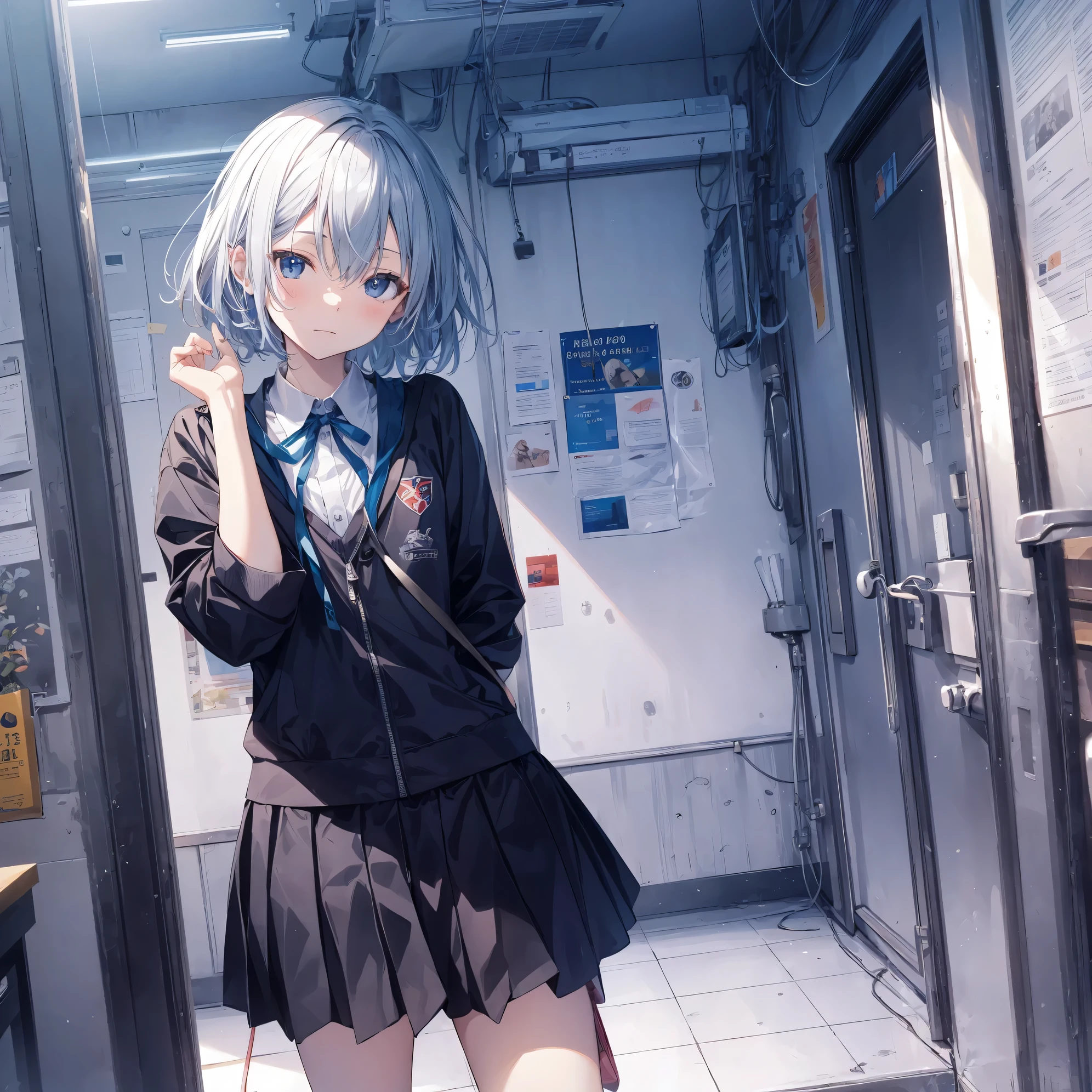 (((masterpiece))), (((best quality))), ((ultra-detailed)), (illustration), (detailed light), ((an extremely delicate and beautiful)), (beautiful detailed eyes), (gloomy atmosphere), (moonlight), 1girl, (damaged classroom), (wind), blood on face, hoshino \(blue archive\), halo, ahoge, fingerless_gloves, plaid_skirt, white_shirt, black_gloves, long_sleeves, white_socks, collared_shirt, black_skirt, blue_necktie, heterochromia, id_card