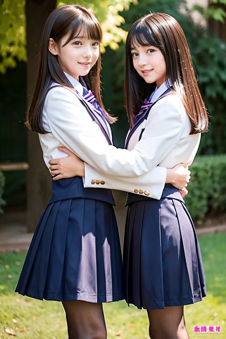 Two beautiful girls、Blazer School Uniform、A dark-haired、straight haired、(One has long hair)、(The other one has a short bob)、schools、early evening、14years、Long skirt below knee length、lowfers、one person hugs、lesbian、