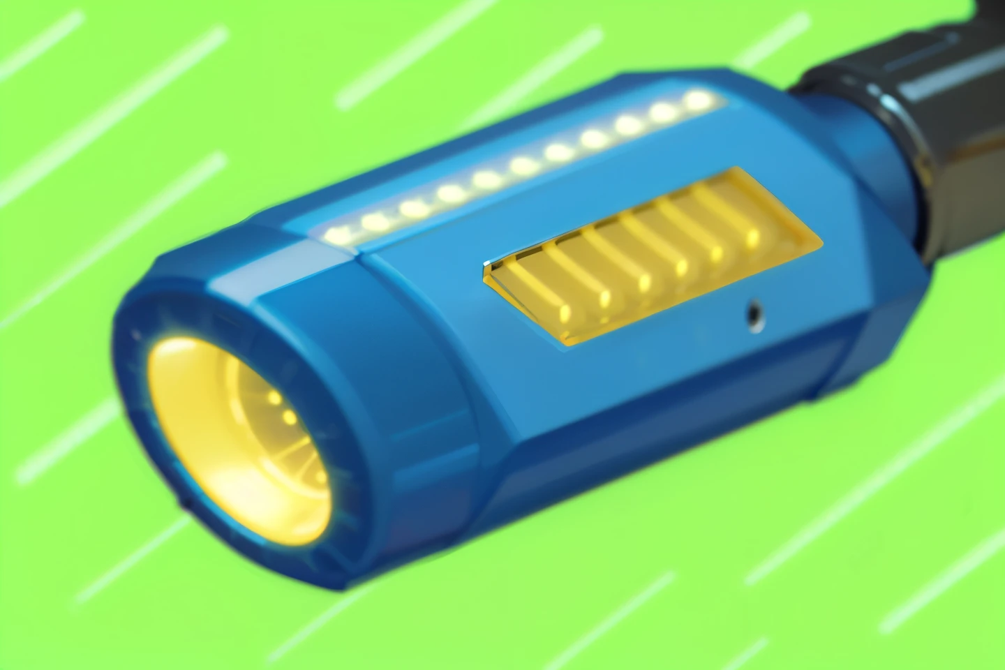 best quality, complete image, HD, weapon, blue cannon, yellow leds, black arm, green background
