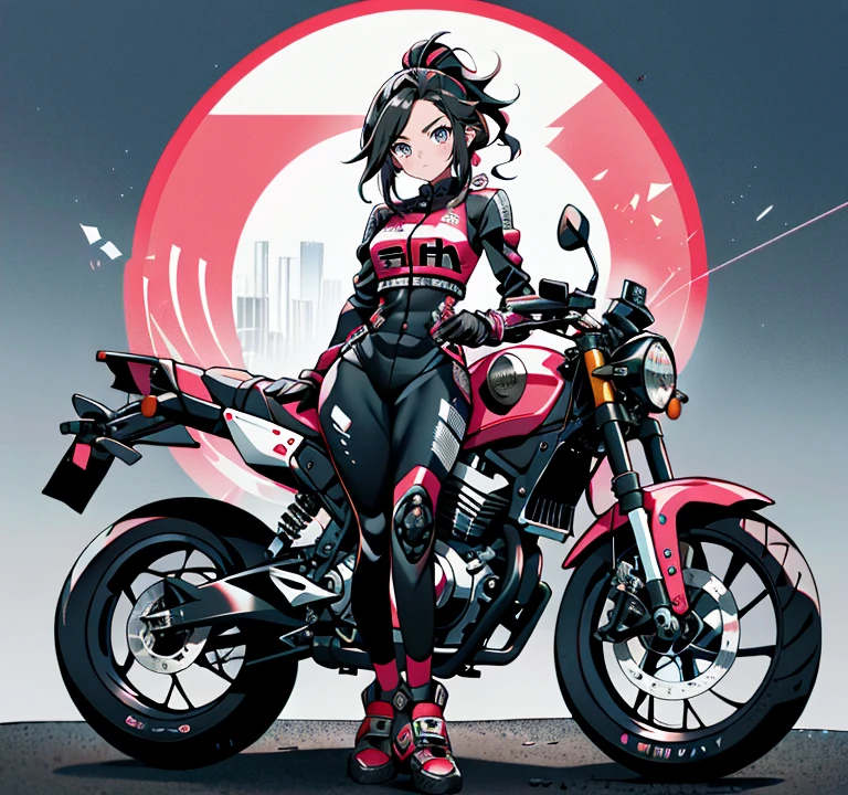 A 20-year-old woman sits on the ground next to a black and pink motocicleta, rabo de cavalo rosa, Enorme teto, virilha rechonchuda, modelo fitness, vestindo um bodysuit preto, sentado em moto cyberpunk, motocicleta, Motocicletas, sitting on the motocicleta, motociclista, rosa e preto, A shy, nervous expression