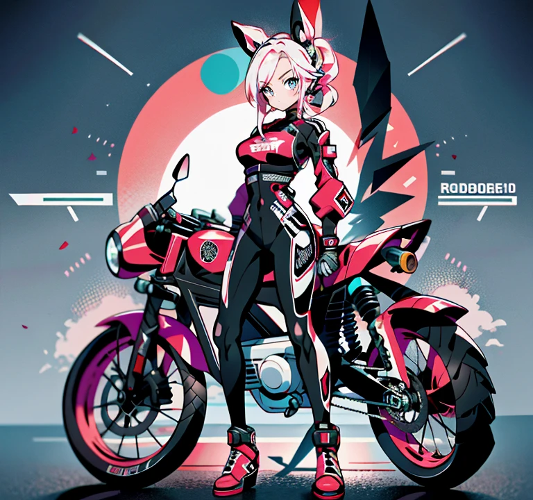 A 20-year-old woman sits on the ground next to a black and pink motocicleta, rabo de cavalo rosa, Enorme teto, virilha rechonchuda, modelo fitness, vestindo um bodysuit preto, sentado em moto cyberpunk, motocicleta, Motocicletas, sitting on the motocicleta, motociclista, rosa e preto, A shy, nervous expression