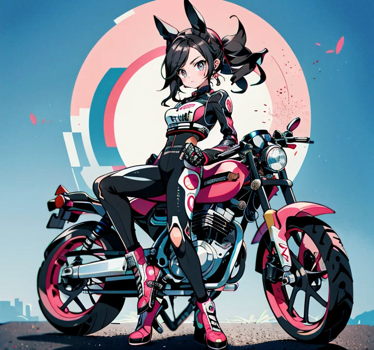 A 20-year-old woman sits on the ground next to a black and pink motocicleta, rabo de cavalo rosa, Enorme teto, virilha rechonchuda, modelo fitness, vestindo um bodysuit preto, sentado em moto cyberpunk, motocicleta, Motocicletas, sitting on the motocicleta, motociclista, rosa e preto, A shy, nervous expression