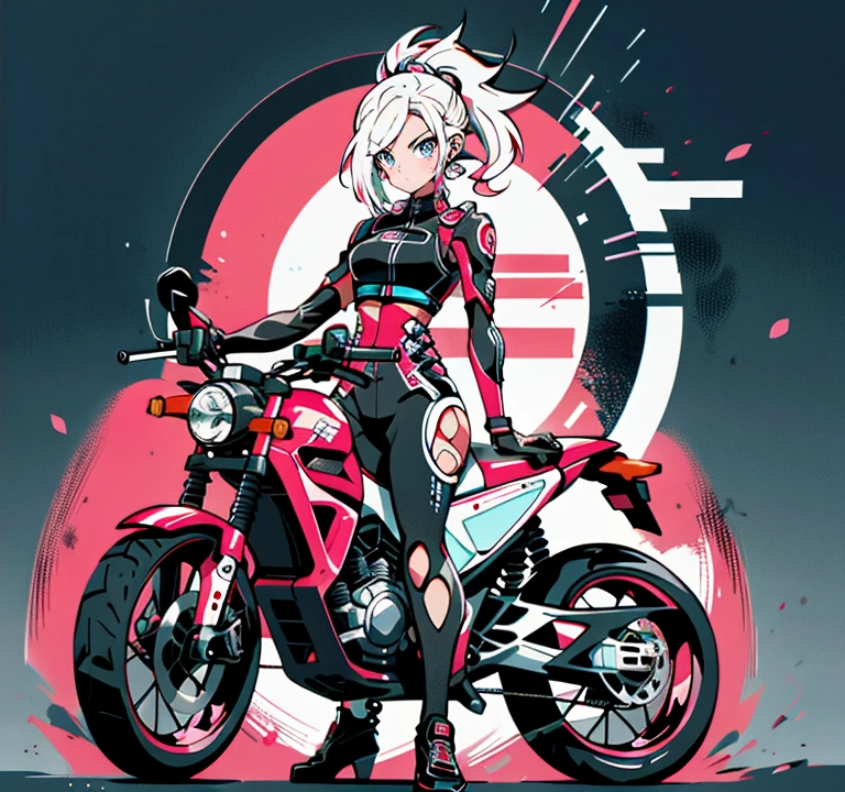 A 20-year-old woman sits on the ground next to a black and pink motocicleta, rabo de cavalo rosa, Enorme teto, virilha rechonchuda, modelo fitness, vestindo um bodysuit preto, sentado em moto cyberpunk, motocicleta, Motocicletas, sitting on the motocicleta, motociclista, rosa e preto, A shy, nervous expression