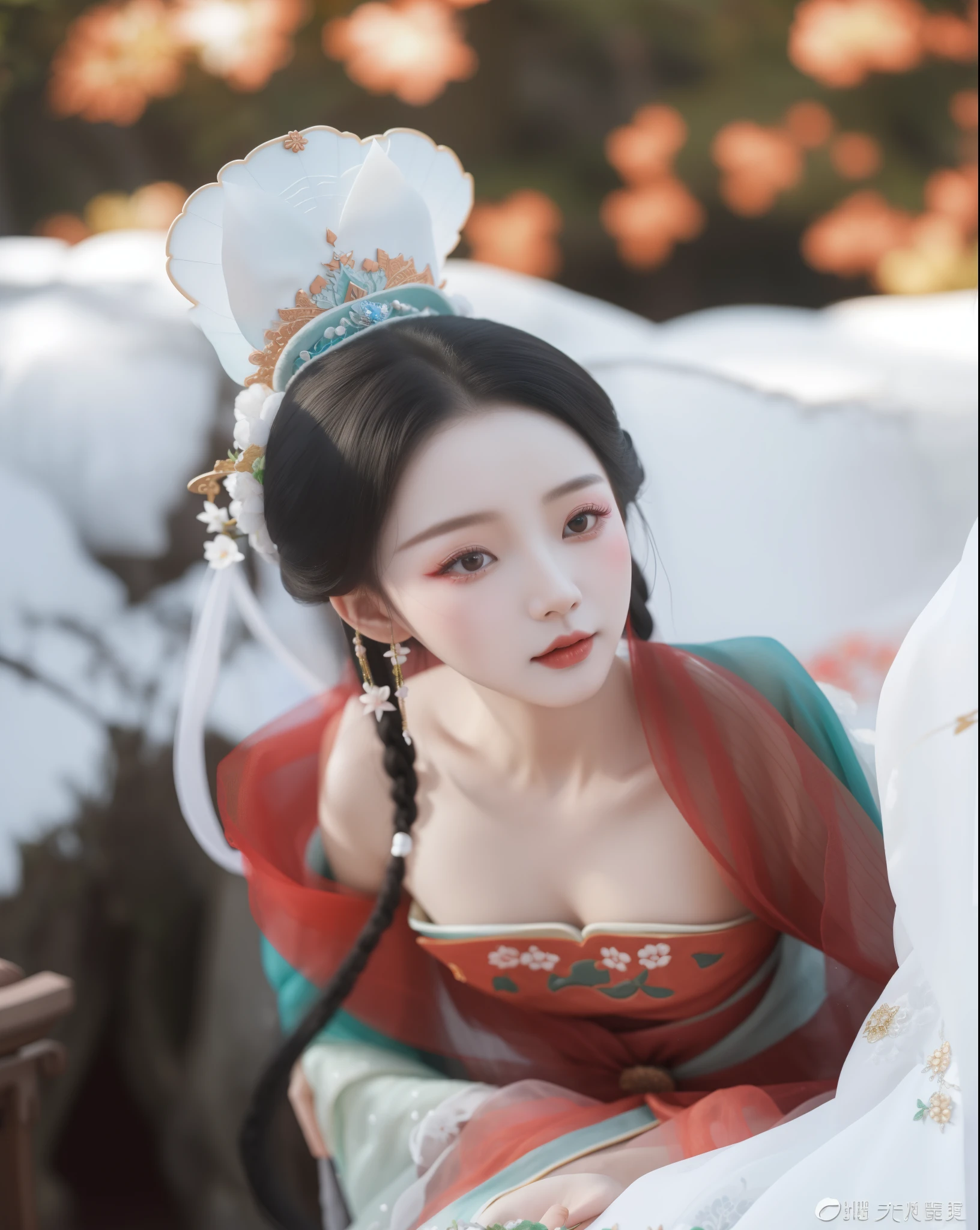 um close de uma boneca sentada em uma pedra com um vestido branco, palace ， a girl in Hanfu, Guweiz masterpiece, boneca pocelain bonito, ancient Princesa chinesa, Princesa chinesa, asian hyperdetailed, Guweiz, uma bela imperatriz fantasia, pale milky white porcelain skin, Imperatriz chinesa, lovely languid princess, Hanfu, pale snow white skin