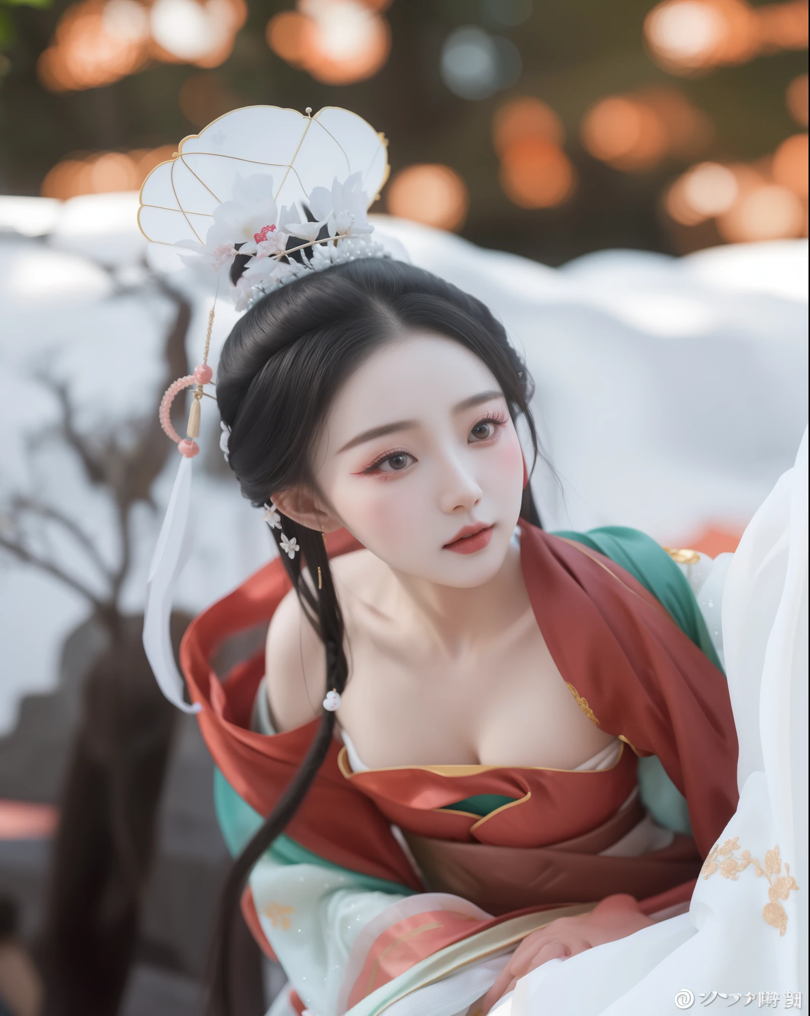 um close de uma boneca sentada em uma pedra com um vestido branco, palace , a girl in Hanfu, Guweiz masterpiece, boneca pocelain bonito, ancient Princesa chinesa, Princesa chinesa, asian hyperdetailed, Guweiz, uma bela imperatriz fantasia, pale milky white porcelain skin, Imperatriz chinesa, lovely languid princess, Hanfu, pale snow white skin