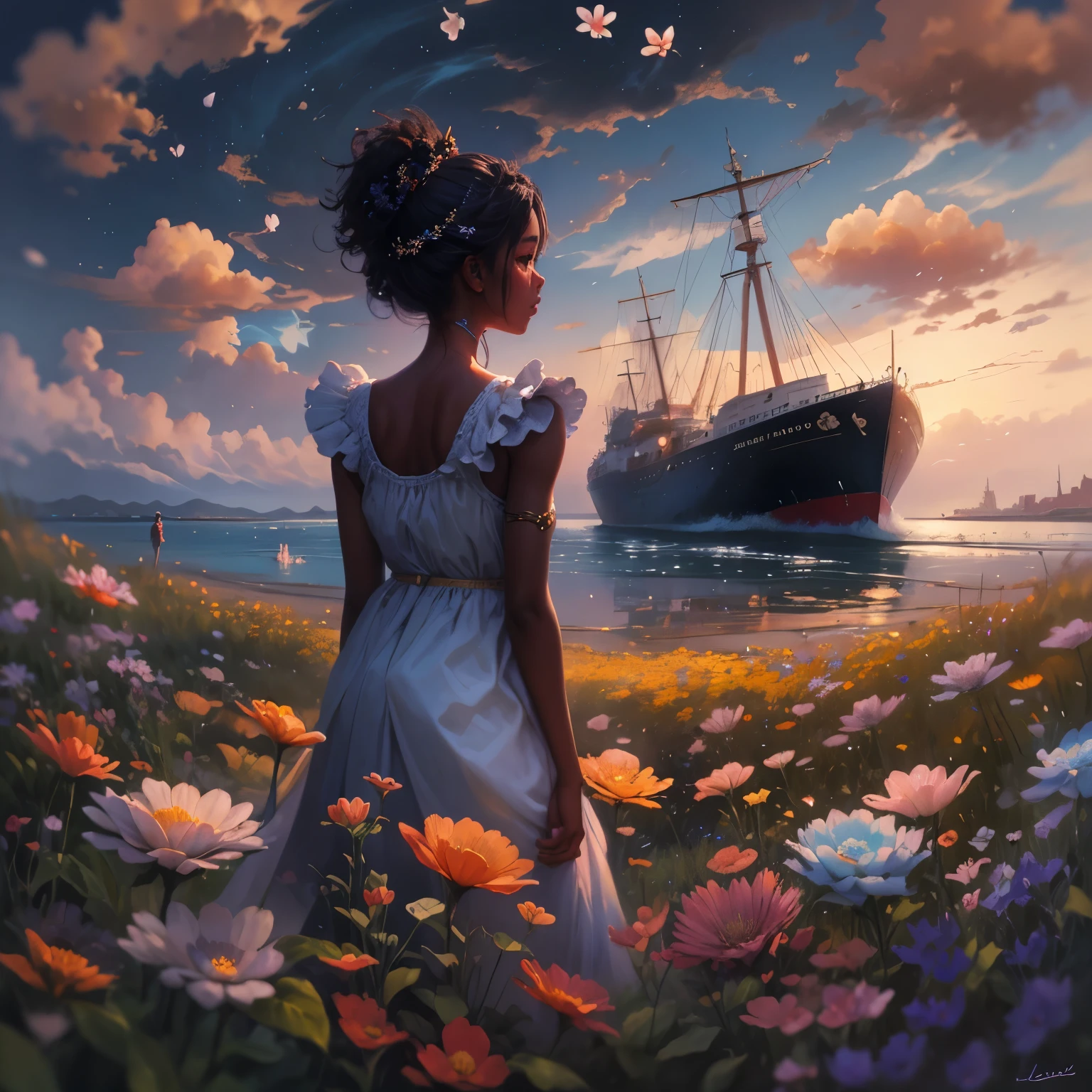 (masterpiece, best quality)There is a black girl ((dark skin)) detailed face, standing in a flower field looking up at the sky, a girl standing in a flower field, a girl walking in a flower field, lost in a dreamy wonderland, standing in a flower field, fantastic digital painting, the sky gradually clears, the starry sky gradually recedes, waiting for the ship to come in near an opulent seaside, near a seaside harbor art by Laura Diehl Yaoyao Ma Van As