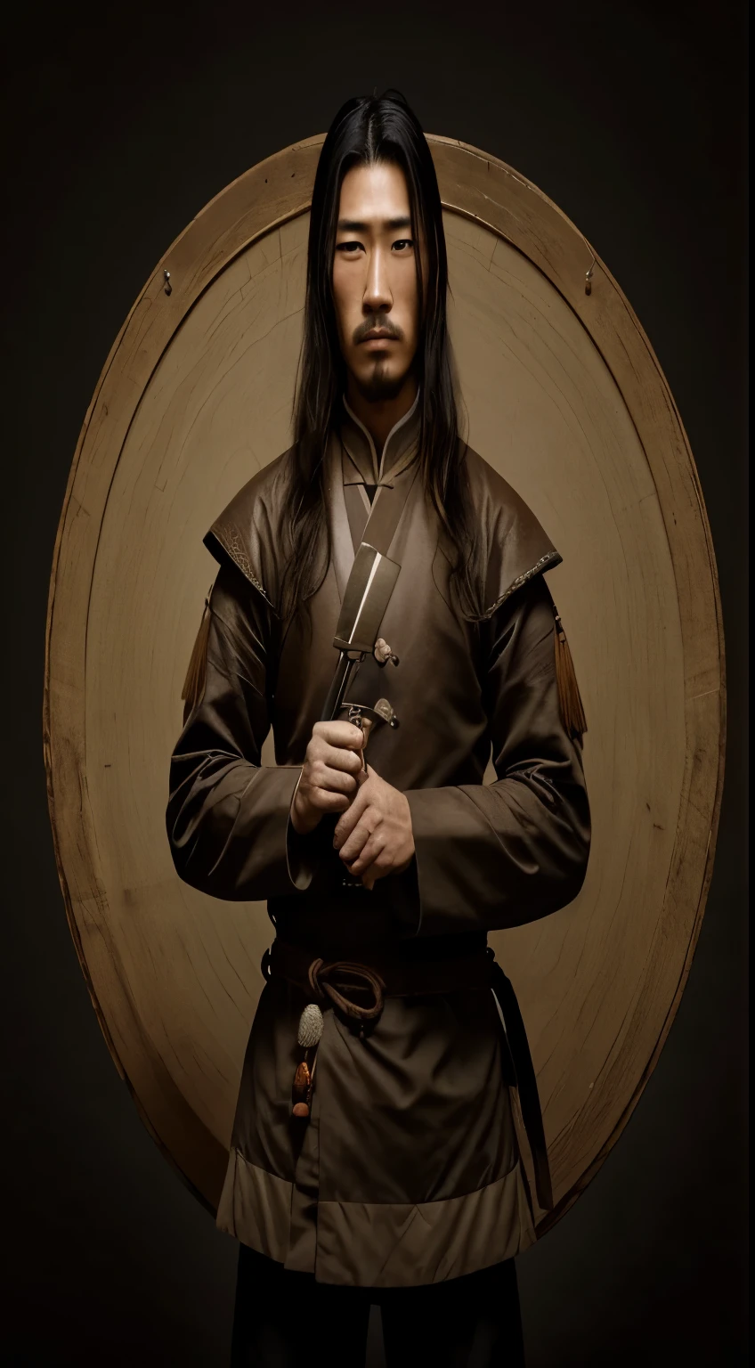 Fud man in brown coat holding knife and woodwork, samurai portrait photo, tengri, portrait of a samurai warrior warrior, Picture of a male warrior, portrait of a samurai warrior, 正面的samurai portrait, samurai portrait, Portrait of a male warrior, as samurai, mongol, pan ren wei, samurai flight suit