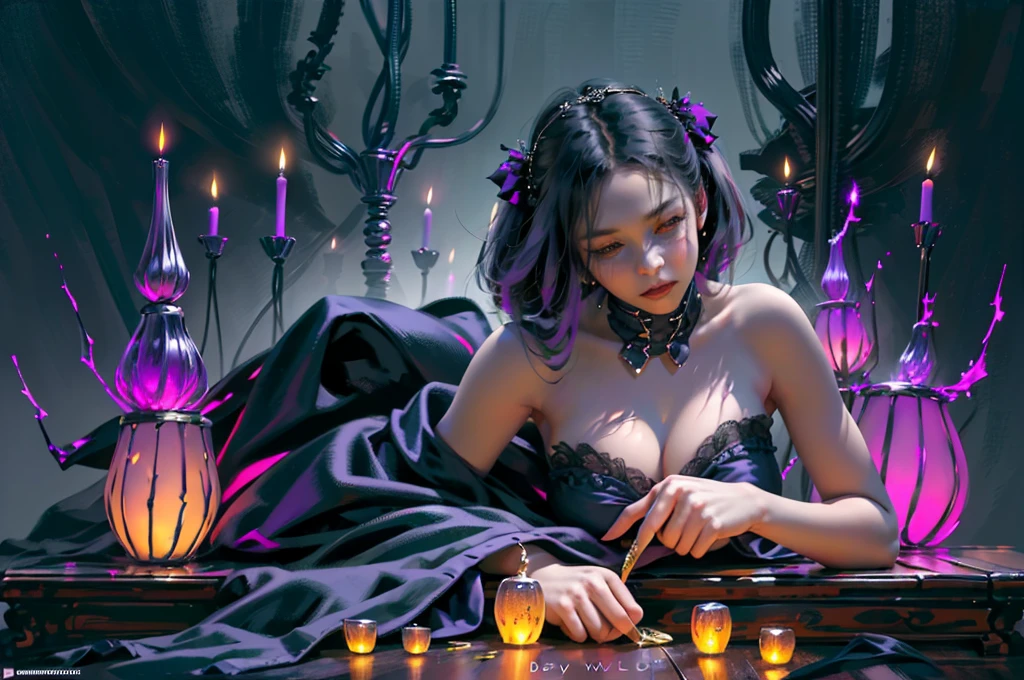 (a) gothic ta, (dark, elegant:1.1), (purple-haired, long-haired), (wearing a dress, in a frilly dress), (carrying, holding) an umbrella, (frills, lace), (bow, ribbon), (standing, posing), (in front of) a moonlit castle (b) surrounded by (purple fairy flame, ethereal flames:1.1), (glowing, flickering), (creating, casting) a soft, (magical, enchanting) light (c) (mysterious, ominous) atmosphere, (dramatic, eerie) shadows, (moonlight, moonlit), (casting, illuminating) the scene (d) (vibrant, rich) purple color palette, (deep, dark shades), (contrasting, highlighting) the gothic aesthet) (detailed, intricate) castle architecture, (towering, majestic) towers, (ornate, delicate) windows, (stone walls, battlement) (lush, overgrown) garden, (twisted, thorny) vinelooming, vibrant) flowers (g) (enchanted, magical) atmosphere, (sparkling, shimmering) starluttering, glowing) fireflies (h) (mysterious, hauntinusic playing in the background, (melancholic, ethereal) melodies (i) (fine art, oil painting)-like rendering, (realistic, detailed, lifelike) textures, (soft, smooth) brush strokes (j) (vivid, rich) colors, (deep purples, contrasting hues), (subtle, nuanced) lighting effects (k) (emphasize, highlight) the gothic aesthetic, (dramatic, theatrical) poses, (intricate, extravagant) details (l) (high resolution, 4k, 8k), (ultra-detailed, hyper-realistic, photorealistic:1.37) (Photo-realism), (Best quality, masterpiece, full of details), ultra HD