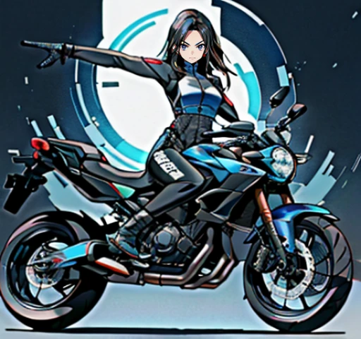 A 20-year-old woman sits on the ground next to a black and blue motocicleta, Longos cabelos azuis escuros, Enorme teto, virilha rechonchuda, modelo fitness, sentado em moto cyberpunk, motocicleta, Motocicletas, sitting on the motocicleta, motociclista, azul e preto, Shy and nervous expression