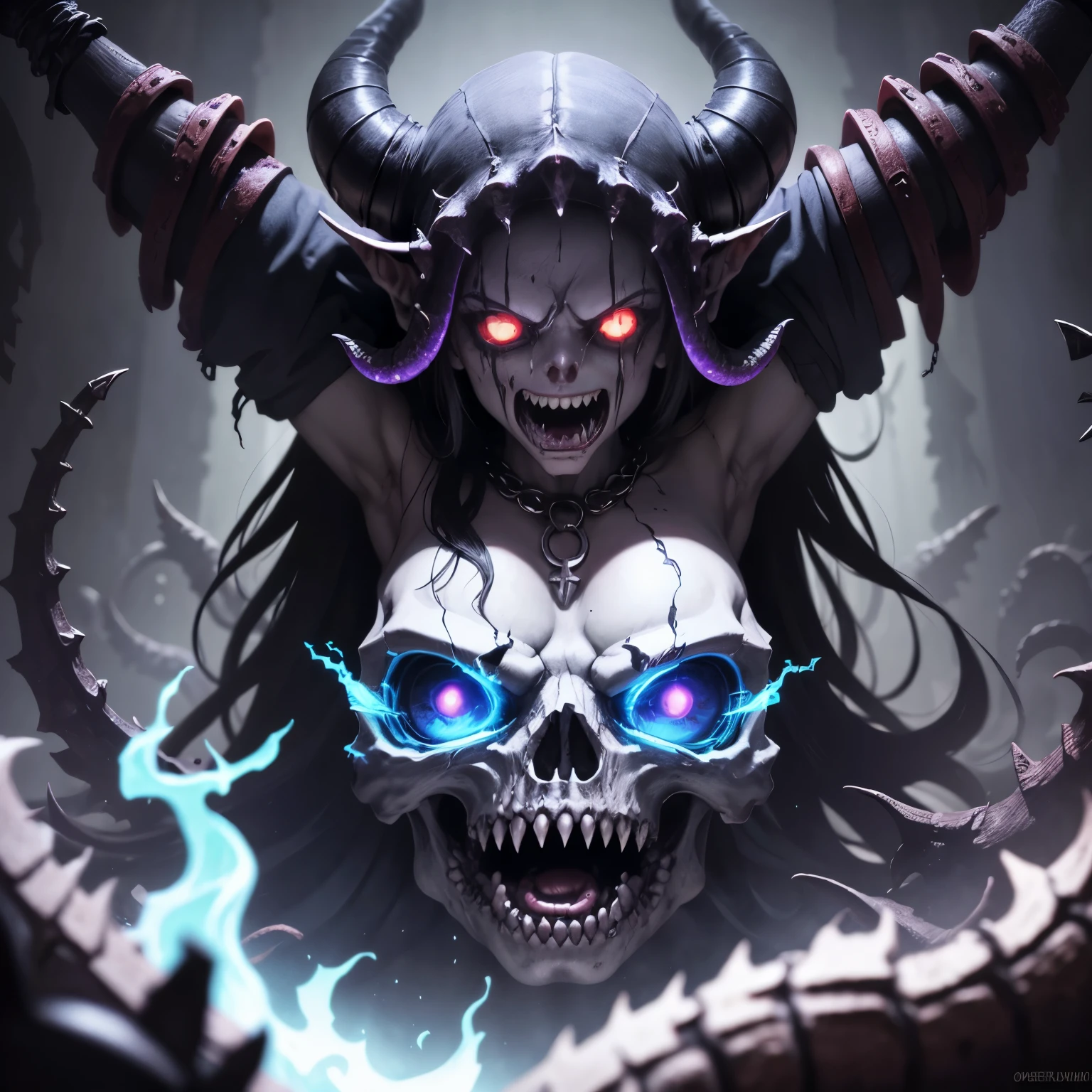 demonio, bestial skull, correntes ensanguentadas, preso, ossos Behemoth, manic eye aberration, membros suturados, tentacles, ossos, dentes, presas afiadas, acorrentado, expression of insanity, loucura, dungeon dungeon environment, 8k, qualidade ultra HD.