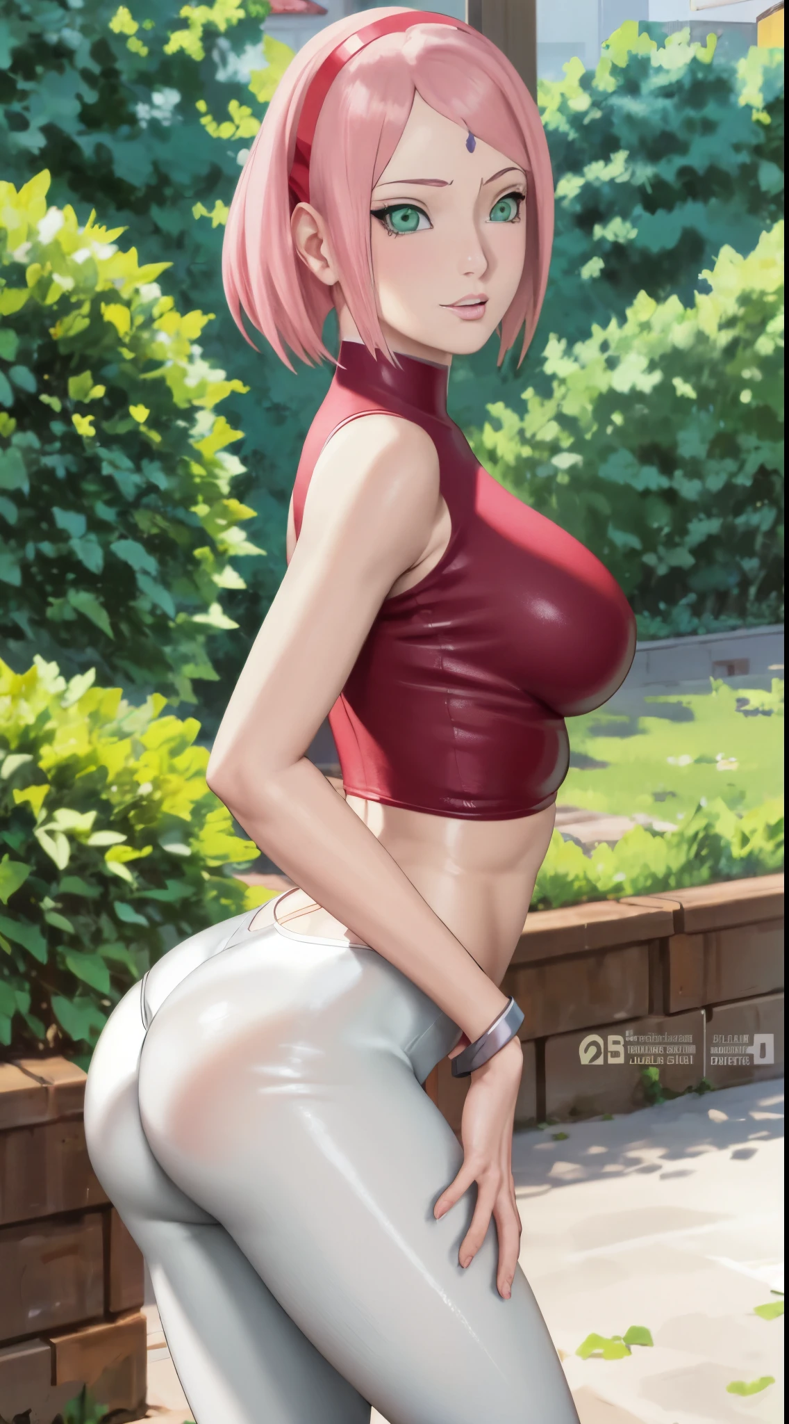 Chica anime con pantalones ajustados posando frente a un arbusto., [ Arte digital 4K ]!!, Anime CG arte suave, en el patio, seductora chica de anime, Estilo realista de anime 3D, Anime muy detallado, Thicc, Render fotorrealista de Anime Girl, character is in her natural pose, pose casual, Hermosa chica de anime en cuclillas, realistic anime artstyle, pelirroja corta, huge thick booty, huge thick ass, OPPAI, huge big tits, masive ass, perfect shape ass, tight white leggings, perfect shape fat ass, culo gordo y tembloroso, aumenta la talla de las nalgas mas grande, culo de proporcion oppai, culo redondo y masivo, mandy muse'ass, corregir legings blancos, tetas masivas y grandes con pezon exitado, 4k resolution, ultra graphics quality, ray tracing, rtx, smaa, fxaa.