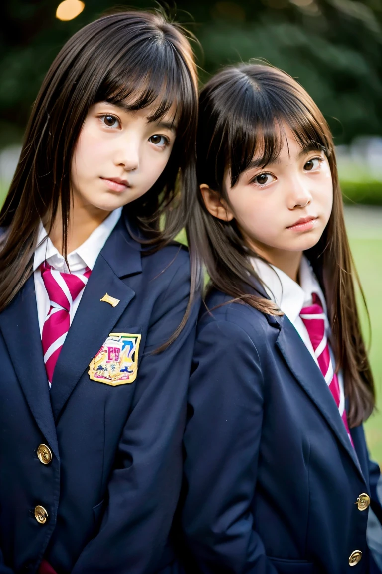 Two beautiful girls、Blazer School Uniform、A dark-haired、straight haired、(One has long hair)、(The other one has a short bob)、schools、early evening、ars、Put on your face、Wistful expression、