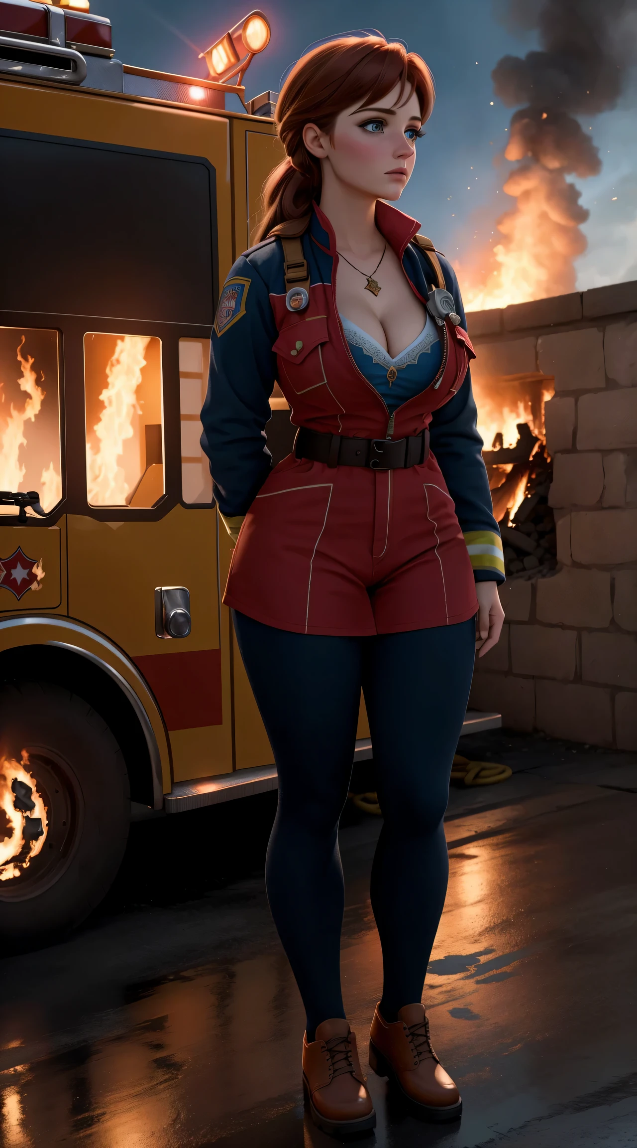 woman, ((Masterpiece, best quality)), full body view, firefighter, burning building, bursting huge breasts, detailed skin, Anna from Frozen as a firefighter, helmet, firefighter clothes, highly detailed, cinematic lighting, ultra realistic, blush, looking at viewer, anna, anna from frozen, princess, disney, brown hair, long hair, portrait, cleavage, large breasts, wide hips, full body view, tall,