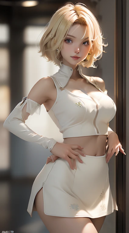 (top-quality), ((master piece), (detaileds: 1.4), . .。.3D, A Beautiful Cyberpunk Woman,Very short hair,Blonde hair, nffsw (High dynamic range), Ray tracing, NVIDIA RTX, hight resolution, Unreal 5, Subsurface scattering, PBR Textures, post processed, Anisotropy Filtering, depth of fields, Maximum Sharpness and Clarity, Multilayer textures, Albedo and Highlight Maps, Surface Shading, accurate simulation of light and material interactions, perfectly proportions, octanerender, Two-color light, Large aperture, Low ISO, White Balance, thirds rule, 8K Raw, nakeness, Off-the-shoulder, camisole vest, Short skirt, Transparent、(Exposed nipples)、(exposed breast)、