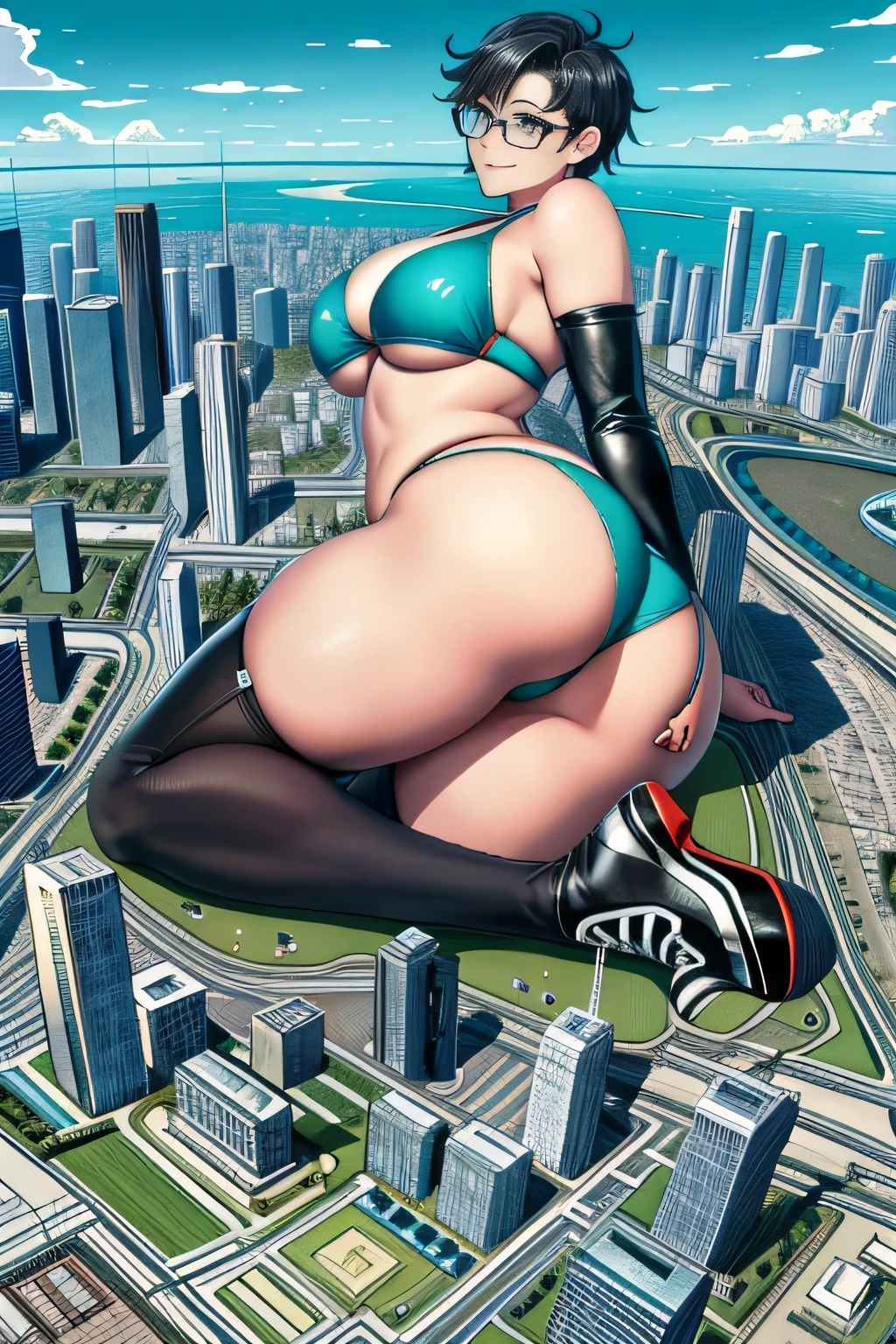 der riese art, 非常に詳細なder rieseショット, der riese, Shorthair, Giant woman bigger than a skyscraper, Wearing rimless glasses, Colossal tits, Big ass, Bikini swimwear, very small metropolis, Trying to destroy a miniature metropolis, Full body depiction, nffsw, giga der riese, der riese, Stomping City,crash city,Small town,micro city,