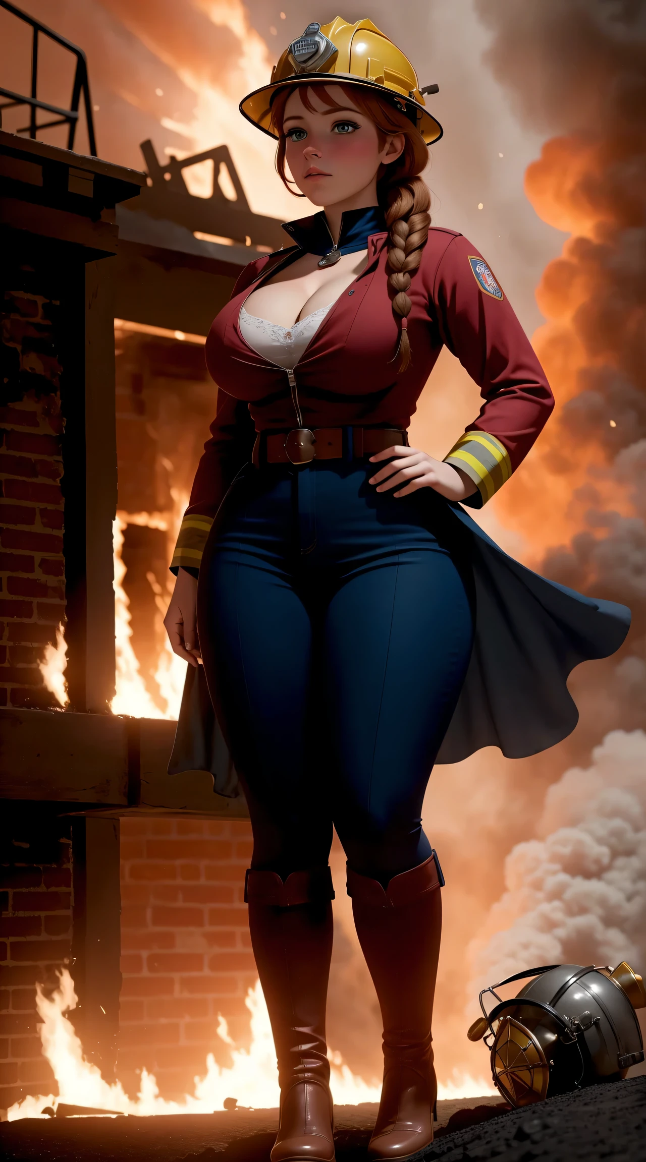 woman, ((Masterpiece, best quality)), full body view, firefighter, burning building,  bursting huge breasts, detailed skin, Anna from Frozen as a firefighter, helmet,  firefighter clothes, highly detailed, cinematic lighting, ultra realistic, blush, looking at viewer, anna, anna from frozen, princess, disney, brown hair, long hair, portrait, cleavage, large breasts, wide hips, full body view, tall,