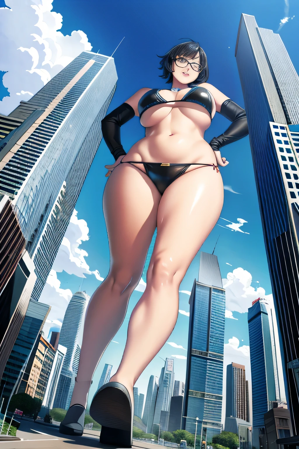 der riese art, 非常に詳細なder rieseショット, der riese, Shorthair, Giant woman bigger than a skyscraper, Wearing rimless glasses, Colossal tits, Big ass, Bikini swimwear, very small metropolis, Trying to destroy a miniature metropolis, Full body depiction, nffsw, giga der riese, der riese, Stomping City,crash city,Small town,micro city,