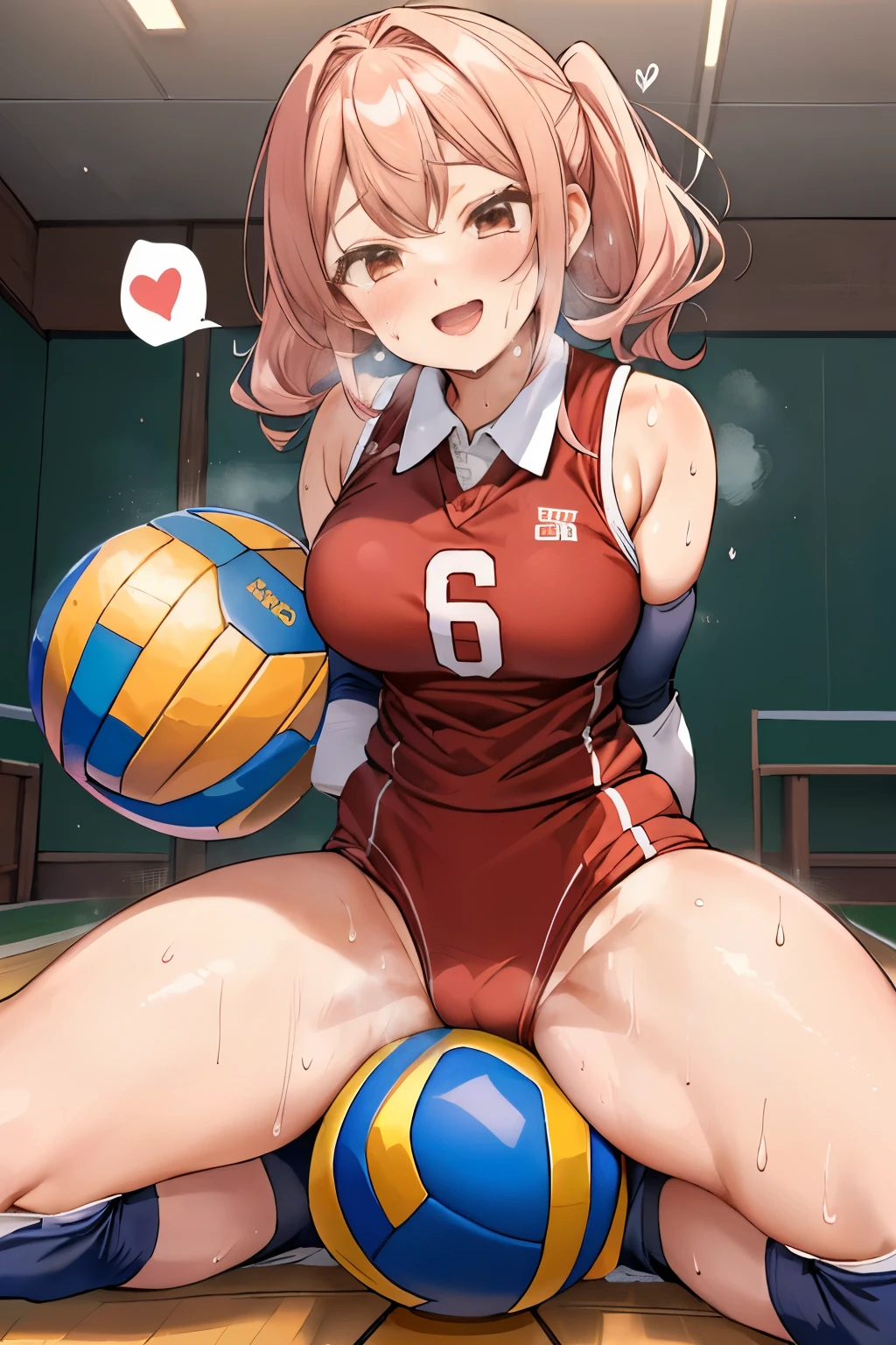 unity 8k wallpaper, anatomically correct, (((masterpiece))), (((best quality))), (((ultra detailed))), (((high-resolution))), ((super fine illustration)), ((Ultimate cutie)), ((perfect hands)), ((perfect finger)), (((good anatomy))), detailed beautiful face, shiny hair, (((gyaru))), (potbelly), (curvy), medium breasts, ((Thick thighs)), (((solo))), ((seductive smile)), (((blush))), ((half open mouth)),
BREAK, (((sit astride the spherical shape 6-inch volleyball))), (((straddling on the spherical shape 6-inch volleyball))), (((Put crotch right the spherical shape 6-inch volleyball))),
BREAK, (((Rub the spherical shape 6-inch volleyball against crotch)))),
BREAK, (Collared volleyball uniforms), sleeveless, ((buruma)), ((kneepad)), (elbow pad), (((sweat))), (((covered in sweat))), ((deep breathing)), in Volleyball Court, indoor, lighting, looking at viewer, full body, (spoken heart)