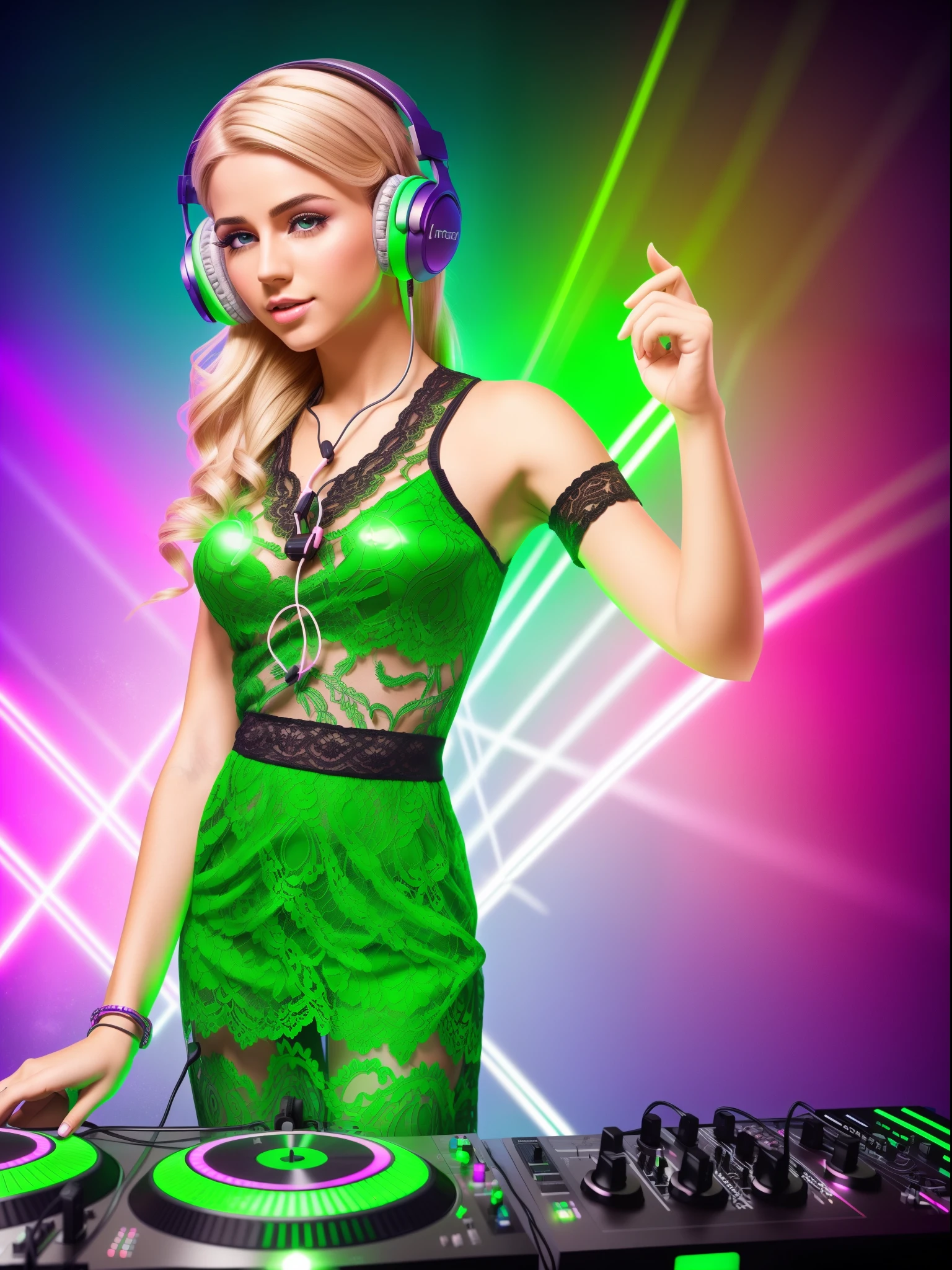 (beautiful retro DJ girl, with blonde hair) (wearing headphones and green lace outfit) (majestic pose) (colorful lightbeams nightclub backdrop), HD realistic photo realism