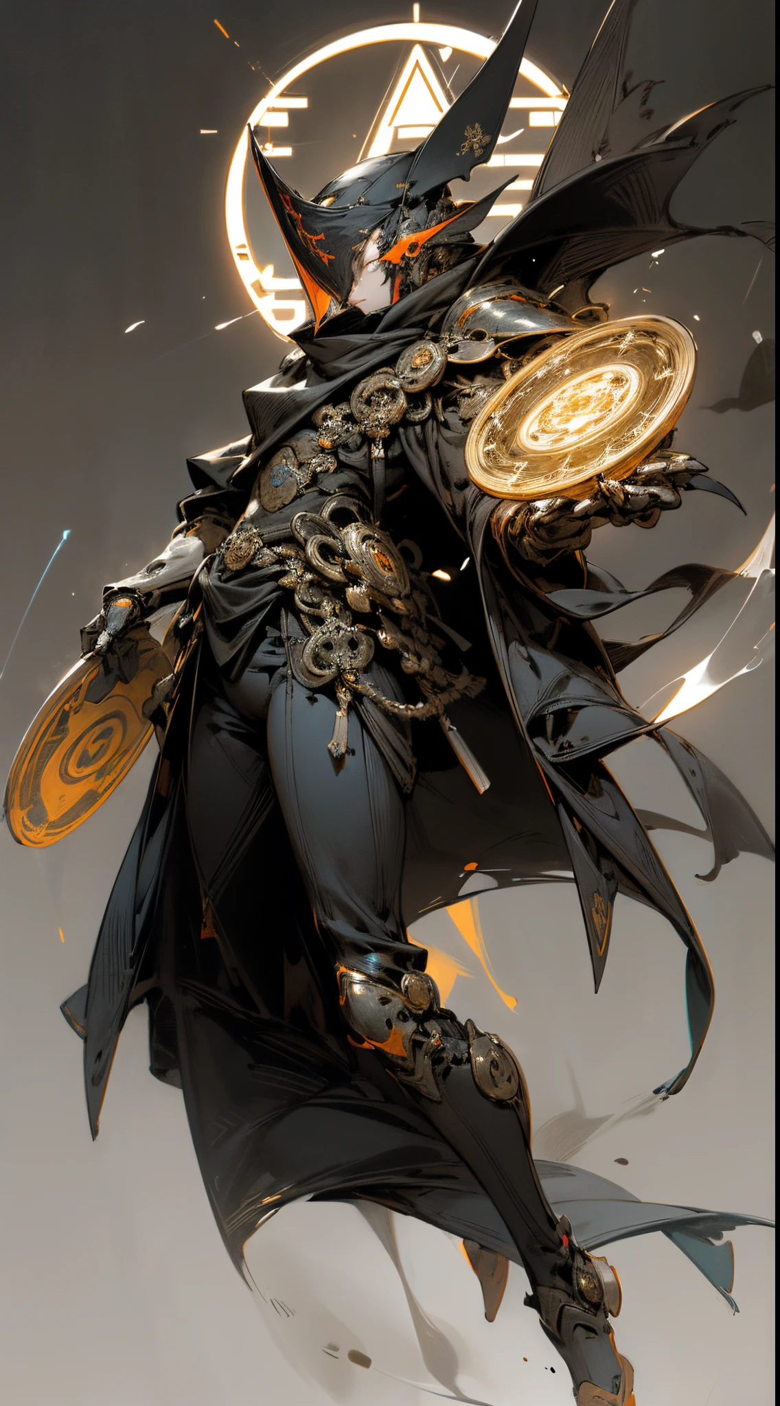 "Create a surreal and detailed image of a futuristic warrior in full body armor. Armor must be smooth and black, Adopts a matte finish and split plate for ease of movement.., Reminiscent of modern tactical equipment fused with ancient ninja costumes. Helmet must completely cover the face, Features a visor that hints at advanced technology. 。The contrast between the dark suit and the red and orange stands out.. In the background, A magnificent gate stands out, Decorated with intricate designs and luminescence。, A circular emblem with a soft glow. Even though it's quiet、An atmosphere of immeasurable strength, evoke the calm before the storm."