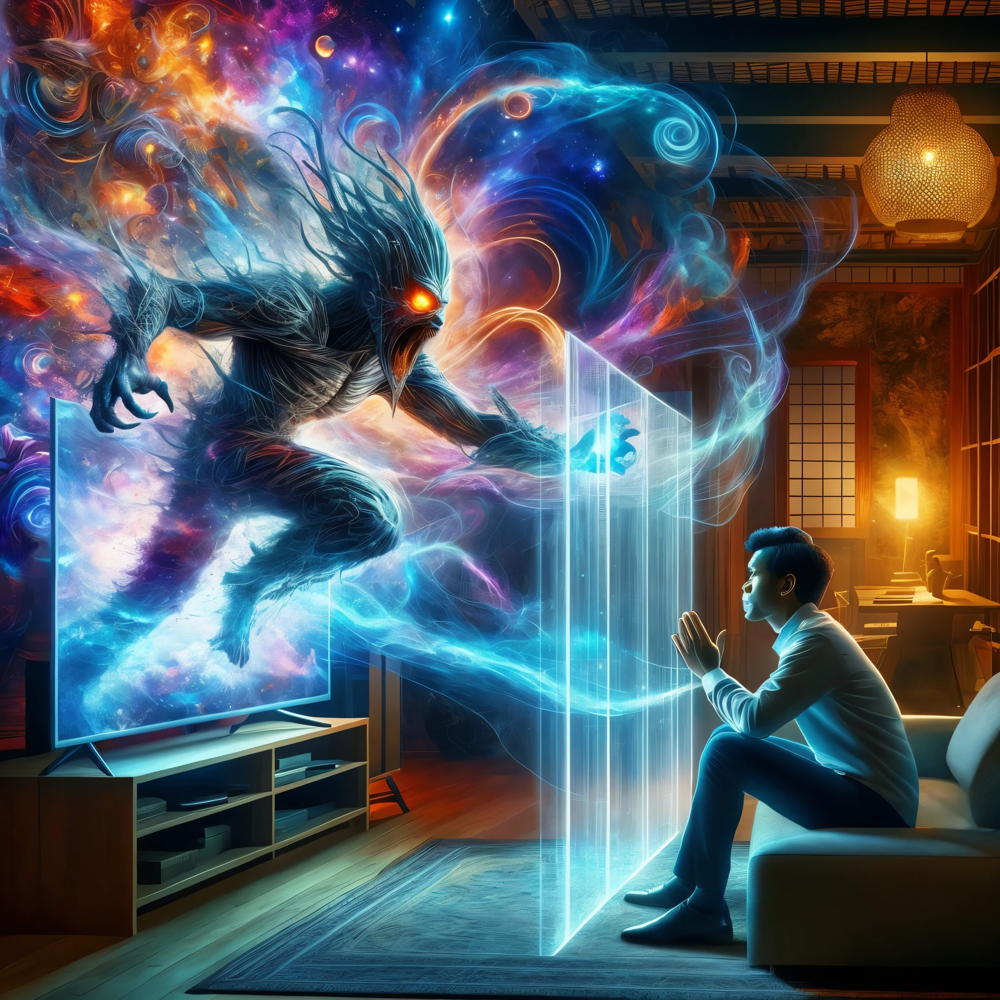 there is a man sitting on a couch watching a large creature, quality astral projection render, dan mumford and alex grey style, fractal thunder dan mumford, anton fadeev and dan mumford, astral projection, epic fantasy sci fi illustration, consciousness projection, sci-fi digital art illustration, dan mumford tom bagshaw, spirits coming out of portal