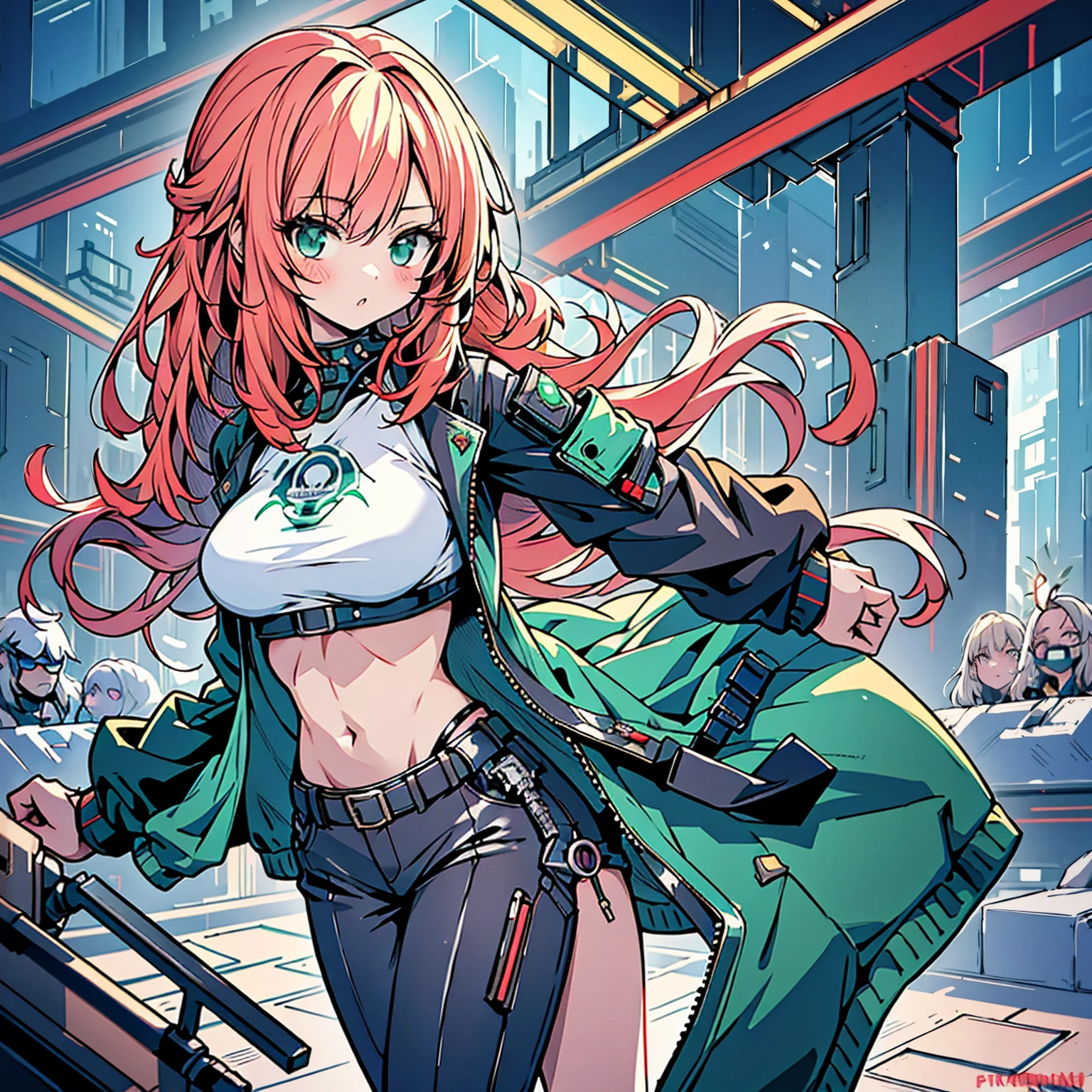 (best quality,highres,ultra-detailed) A beautiful girl with small breasts, wearing a sturdy jacket, long hair, (mechanical arms:1.1) in a cyberpunk city night scene. The setting is (cyberpunk:1.1), with a red and green color scheme.