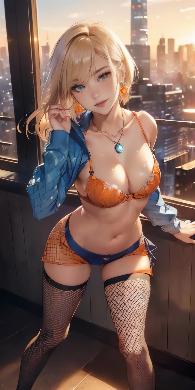 (((Sunset Sunset emphasis Rearward facing Slightly big butt emphasis Butt sticking out、Upper body photo))) ((((Different sexy poses)))))美丽的面容, Highly detailed face and skin texture, (Fine wrinkled eyes, Double eyelids, Thin eyebrows, Glitter Eyeliner: 1.2, Natural cheeks, Shiny skin, Fair skin, (((orange color bra, Full body blue fishnet tights))), Glitter necklace and earrings, (shiny lips: 1. 4), (Seductive smile), (), (Blonde braided hair, oblique bangs), Short hair, , ((upperbody shot)), ((Focus on chest and face)), medium large breasts, upturned breasts.(((The background is a slightly sepia-toned cityscape........................................)))