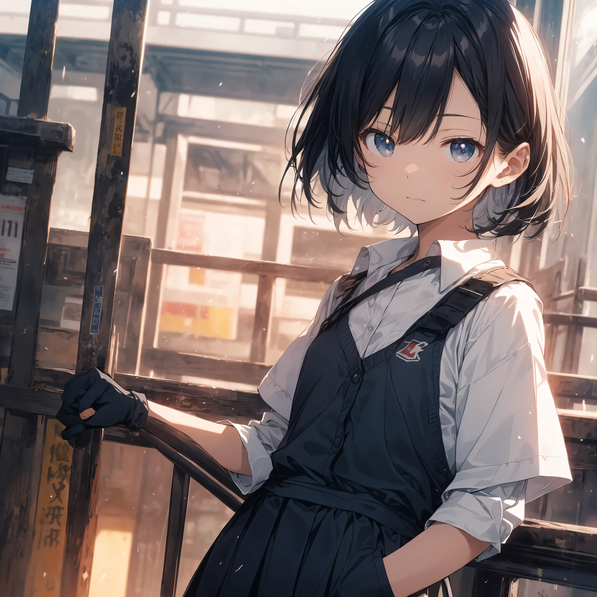Super high quality by the art god, Ultra-detailed, High resolution, anime moe art style, best anime 8K konachan wallpaper, Pixiv Contest Winner, Perfect Anatomy, BREAK,(Please draw a sleepy girl going to school alone.. ),BREAK,1girl in, (Solo,Lori,child,13years:1.3),Full limbs, complete fingers,a junior high school student, Androgynous attraction, (Very short hair), Sleeping hair, hair messy, flat chest, Small butt, groin, Small eyes,Beautiful detailed black eyes, Well-proportioned iris and pupils, disgusted eye, High resolution detailed hair, School uniform, Skirt, On the way to school. BREAK,Ultra-detailed細なスキン, Best lighting by famous artists, 8K, Illustration,