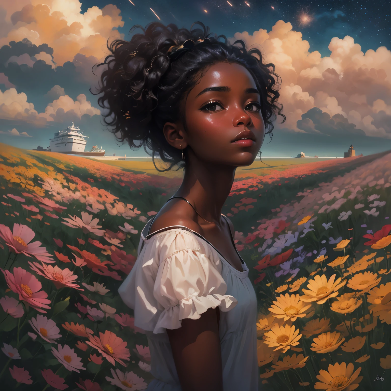 (masterpiece, best quality)There is a black girl ((dark skin)) detailed face, standing in a flower field looking up at the sky, a girl standing in a flower field, a girl walking in a flower field, lost in a dreamy wonderland, standing in a flower field, fantastic digital painting, the sky gradually clears, the starry sky gradually recedes, waiting for the ship to come in near an opulent seaside, near a seaside harbor art by Laura Diehl Yaoyao Ma Van As