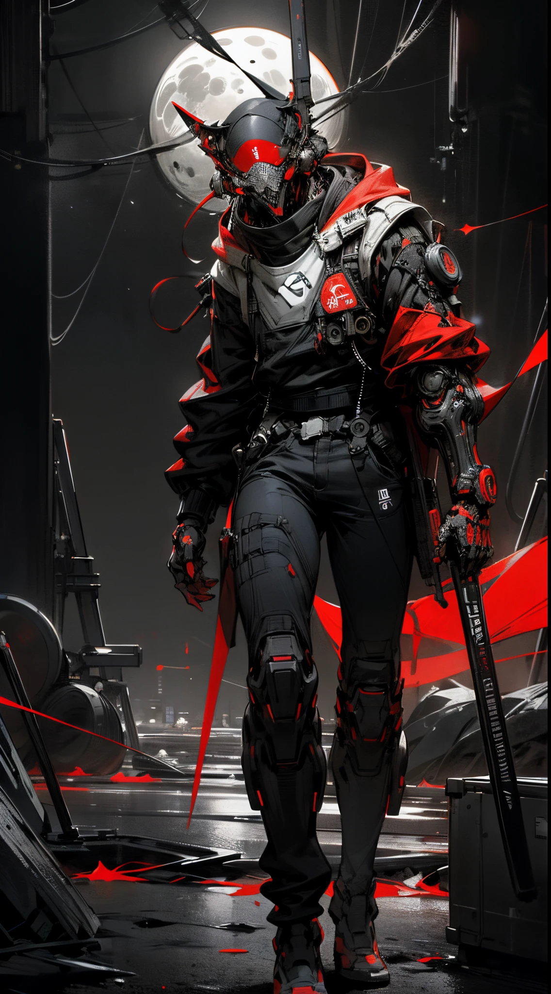 on the moon, red is the main color, Holding_arma, No_The human, lowers_Eyes, 机器人, background of the Milky Way galaxy,neons,Cyberpunk,
Best Quality, masutepiece, absurderes, monochromes, Game CG,
