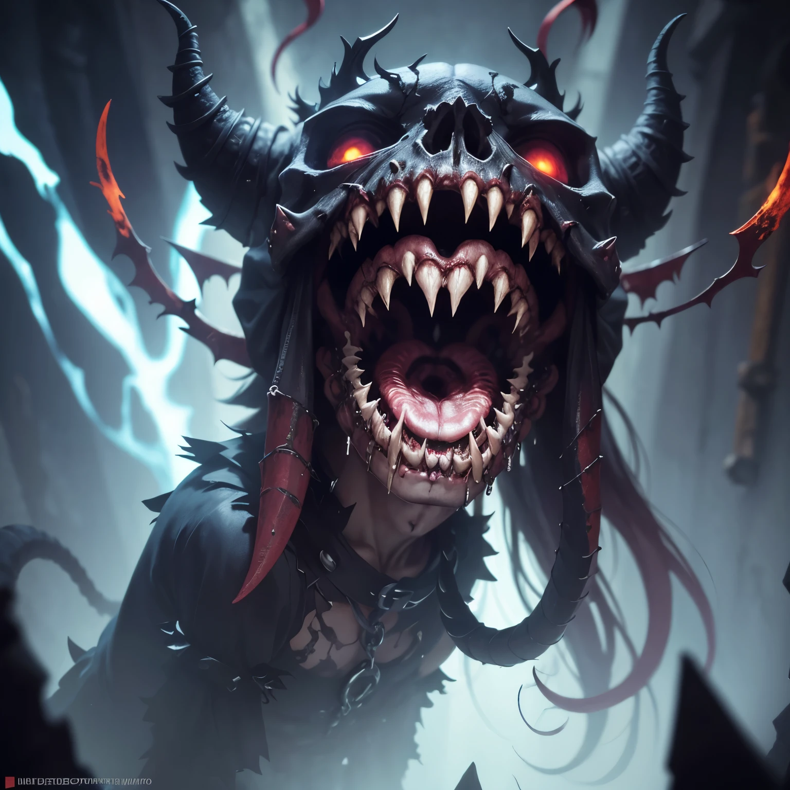 demonio, bestial skull, correntes ensanguentadas, preso, ossos Behemoth, manic eye aberration, membros suturados, tentacles, ossos, dentes, presas afiadas, acorrentado, expression of insanity, loucura, dungeon dungeon environment, 8k, qualidade ultra HD.