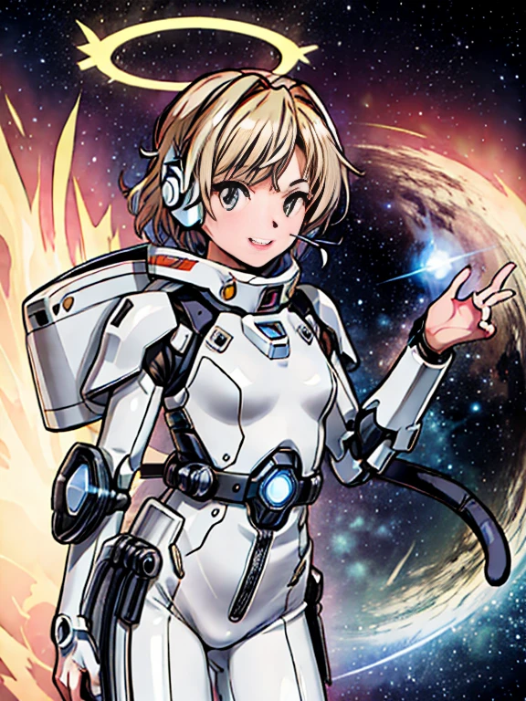 (​masterpiece),(top-quality),girl with,((ultra-definition)),ighly detailed、最高​masterpiece、one cat-eared woman、metallic white bodysuit，space suits,(cyborgs:1.1)，([tail|Detailed wire]:1.3)，(intricate-detail {Ikko)，nffsw，(intricate-detail {Ikko，ultra - detailed:1.2)，Cinema Lens，head phone,Blonde hair,Halo Shadow，at centre，ssmile，funny，krystal，brightened，Shaggy，
