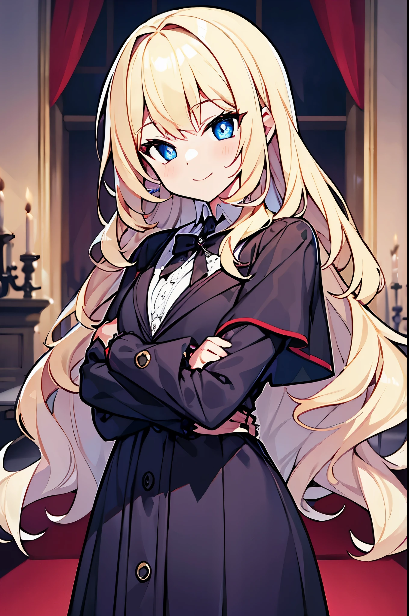 Vampiro,Rapariga, castelo, medium wavy blonde hair, Roupas elegantes,olhos azuis